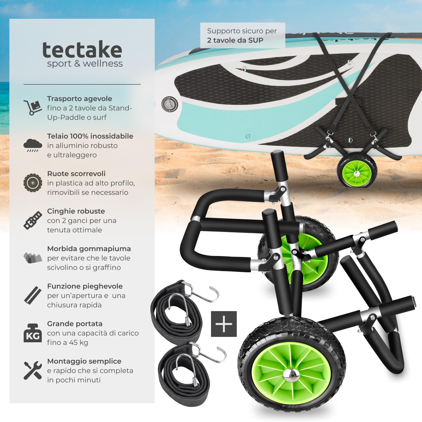 tectake® Carrello da Trasporto Tavola Surf, Carrello Pieghevole con Ruote Portatutto, Trolley Porta Tavola Surf, Kayak, Sup, Stand Up Paddle, Tavole Gonfiabili, In Alluminio con 2 Cinghie - Nero/Verde