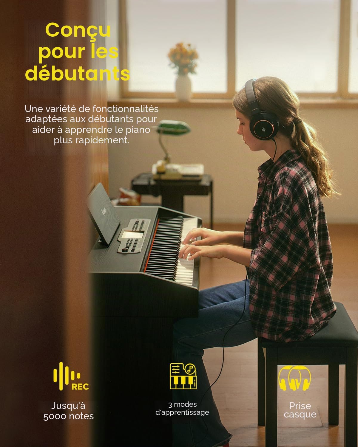 Donner DDP-95 Piano numérique pour débutants avec clavier lesté de 88 touches, piano de taille normale avec Bluetooth, enregistrement, écran LCD, 600 sonorités/rythmes, 3 modes d'apprentissage, noir