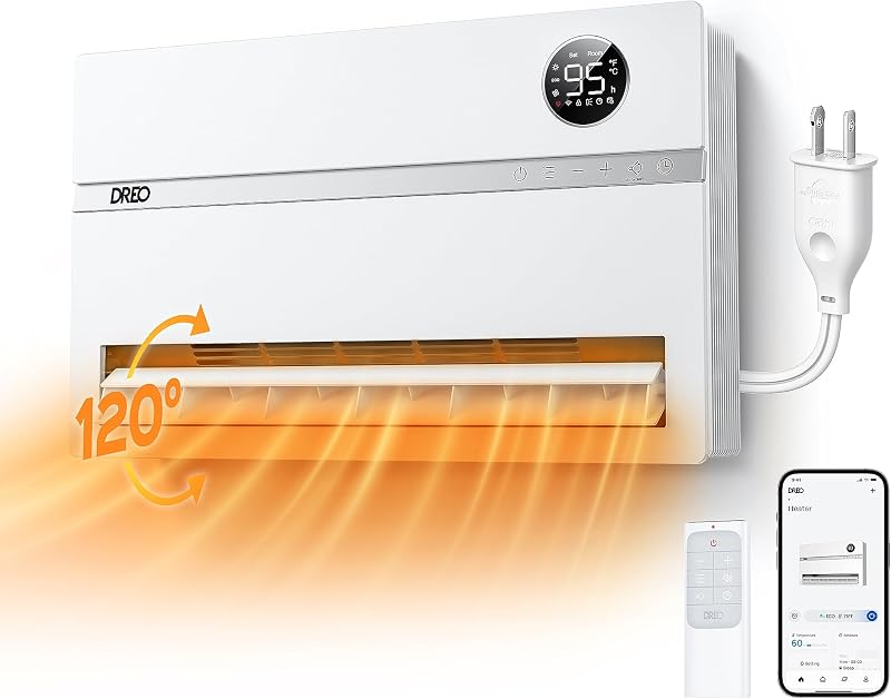 Calentador de pared DREO, calentador de espacio inteligente para dormitorio con FortPlug, ECO | Protección contra sobrecalentamiento, control remoto, oscilación vertical de 120°, termostato, temporizador de 24 horas, calentador eléctrico de 1500 W para interior, oficina