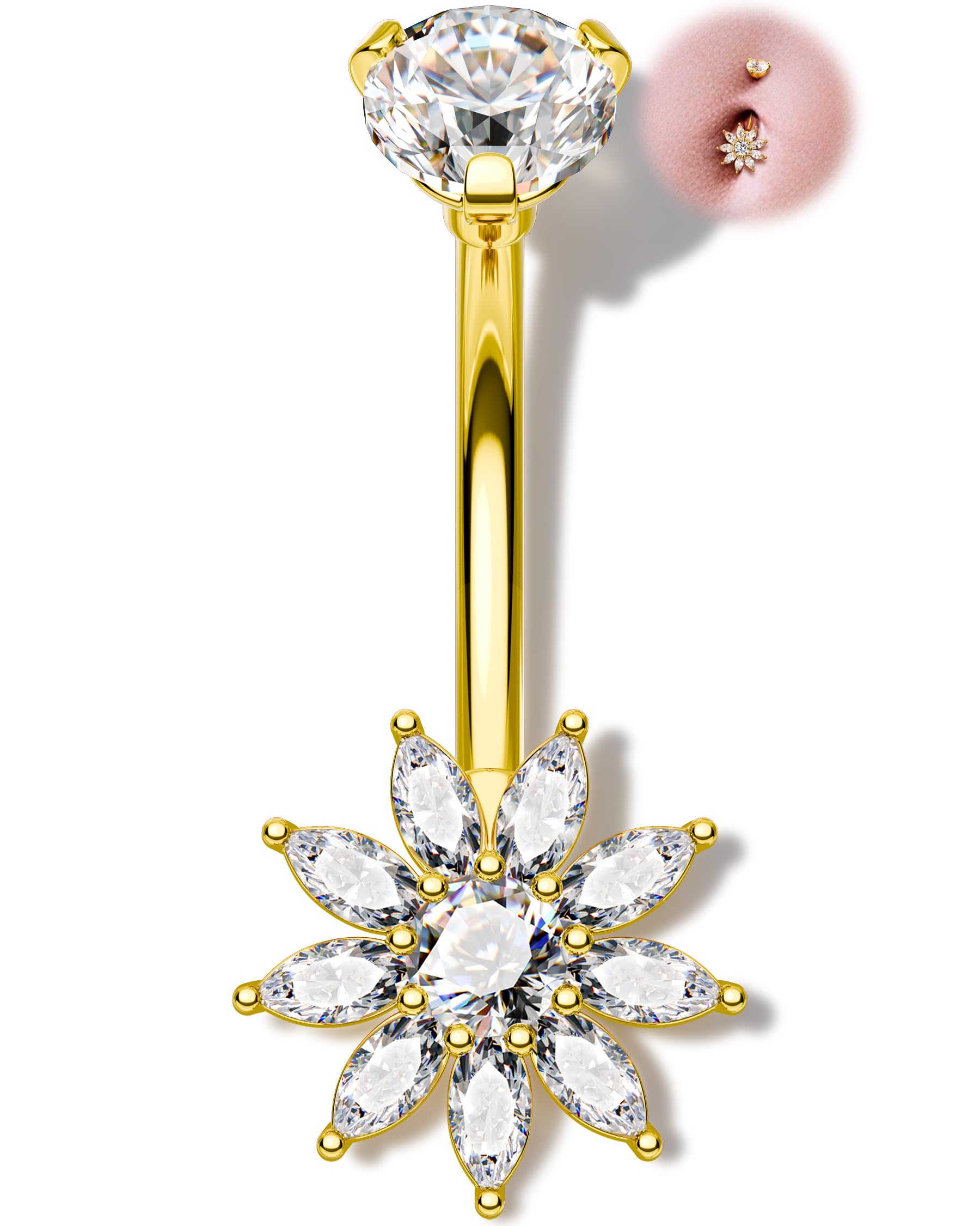 OUFER Fleur Piercing Nombril 14G Or Percing au Nombril 316L Acier Chirurgical Belly Bar 10mm Pendant Piercing de Ventre Bijou de Corporel pour Femmes - 2