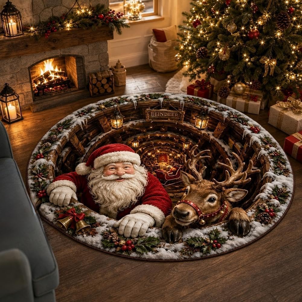 Yabzfal Christmas 3D Round Rug, Optical Illusion Christmas Area Mat for Indoor Outdoor Use, 39.4IN Santa Claus Decorative Rugs Welcome Floor Mat for Living Room Home Gifts 1pcs
