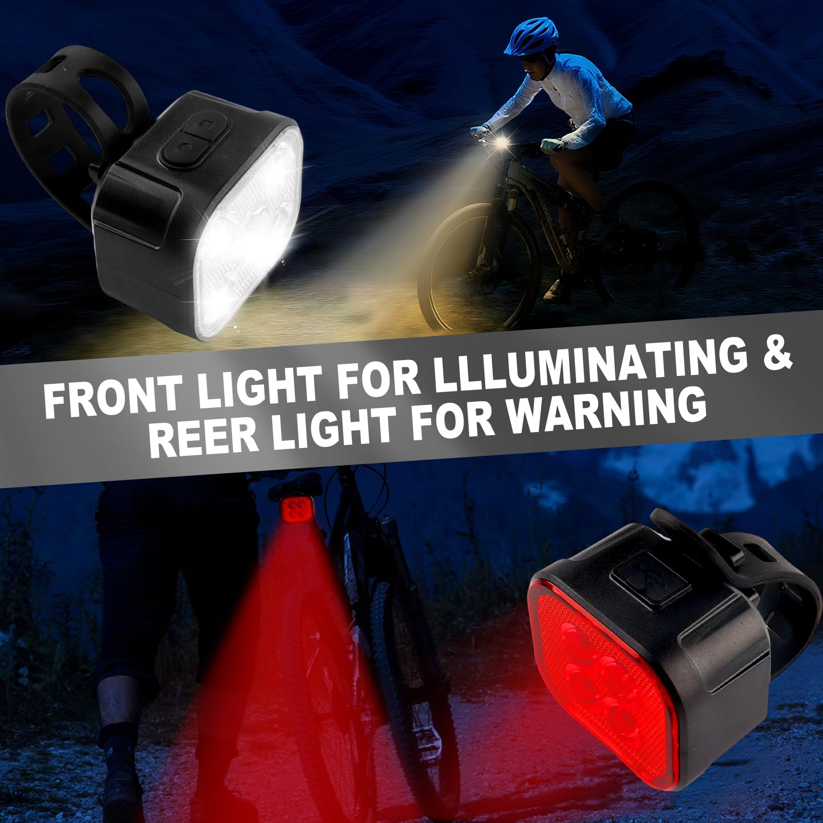 KunHe Confezione da 4 luci per bici per guida notturna, ricaricabili tramite USB, luci anteriori e posteriori, 8+12 modalità, set di luci per bicicletta, faro e fanale posteriore, facili da installare