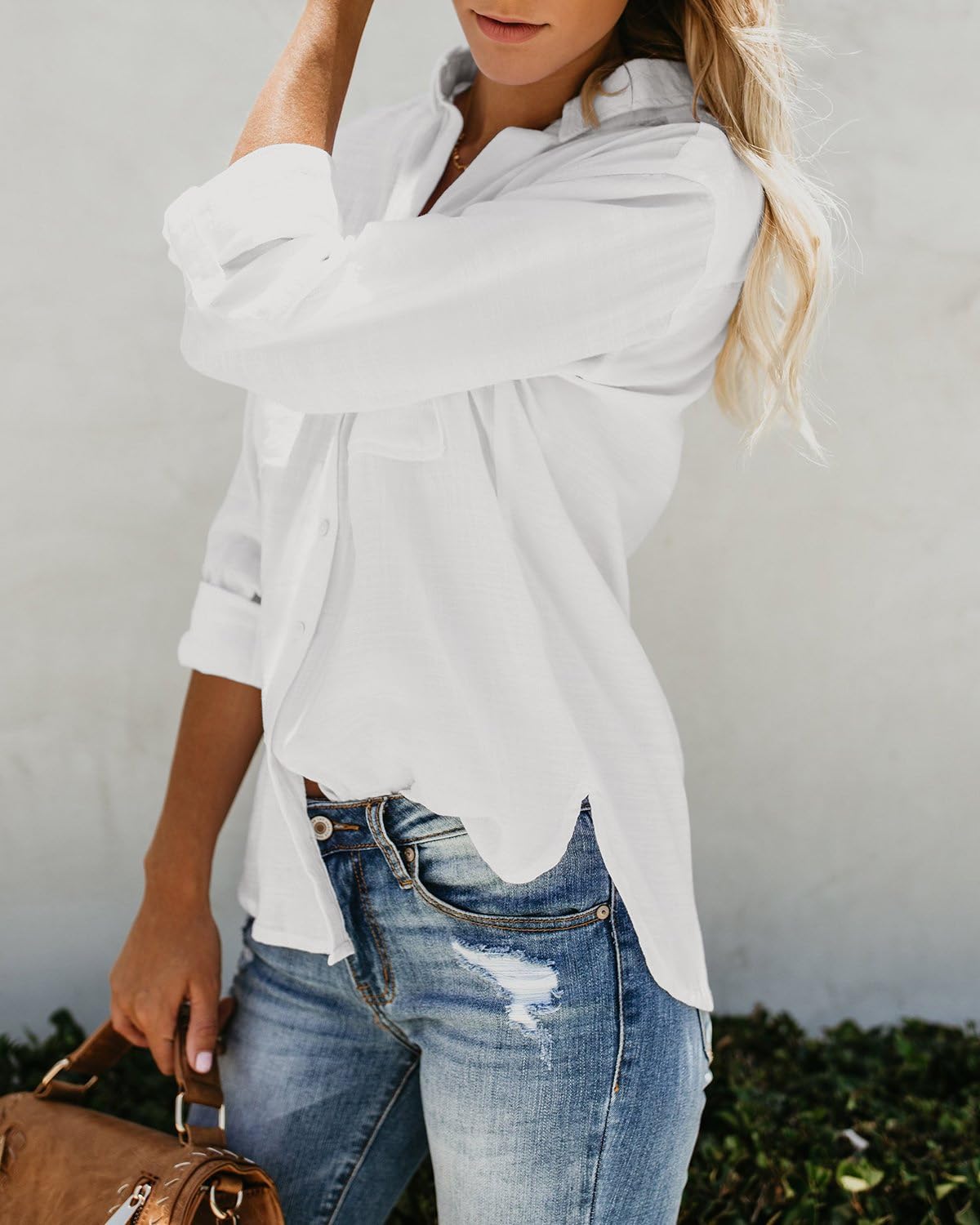 Friptspyg Mussola Camicetta Camicie Manica Lunga Donna Scollo A V 100% Cotone Camicia Top Top con Due Tasche