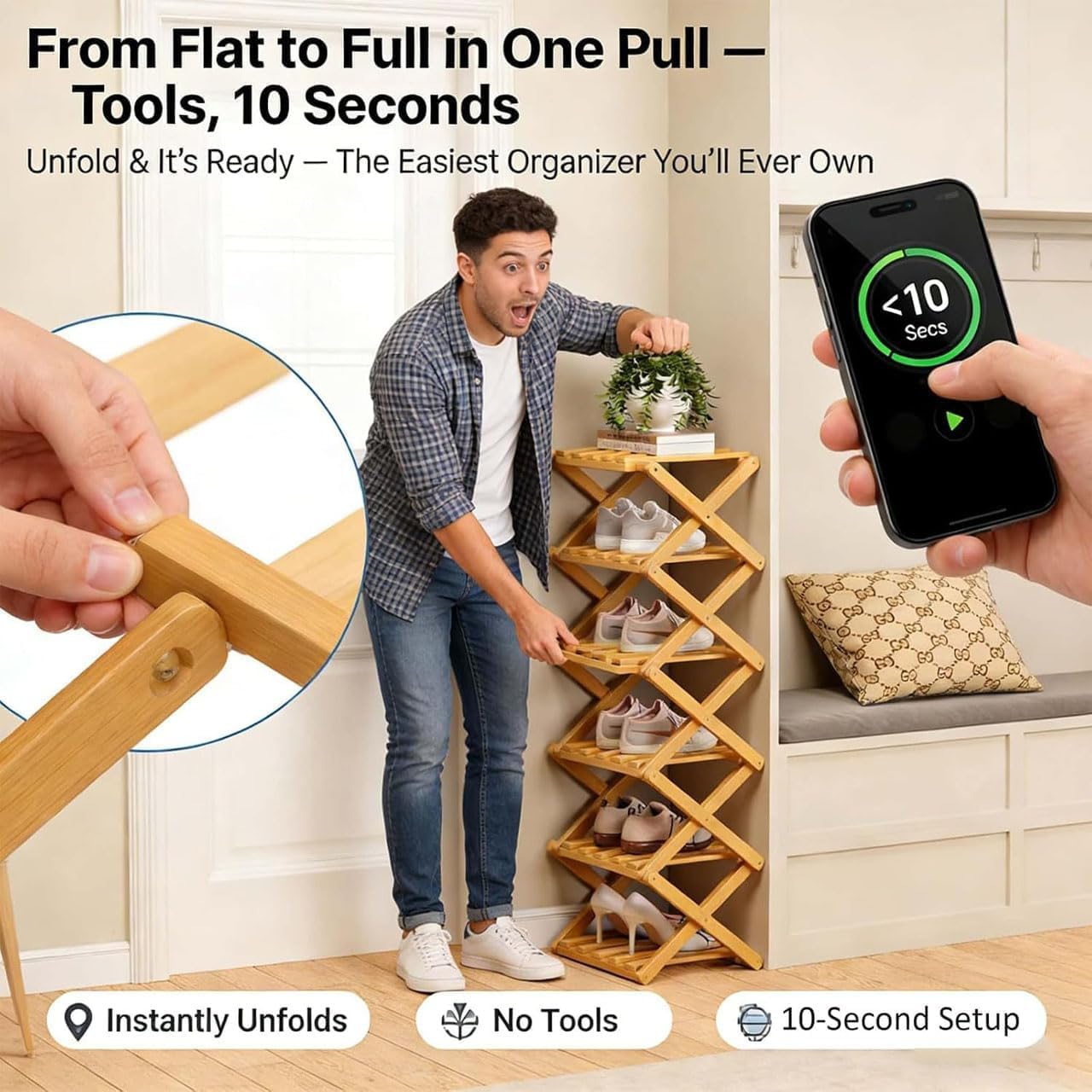 Bamboo Shoe Rack, Foldable No Assembly 2-9 Tier Collapsible Wooden Shoe Organizer for Entryway Closet Small Spaces (4, Brown)