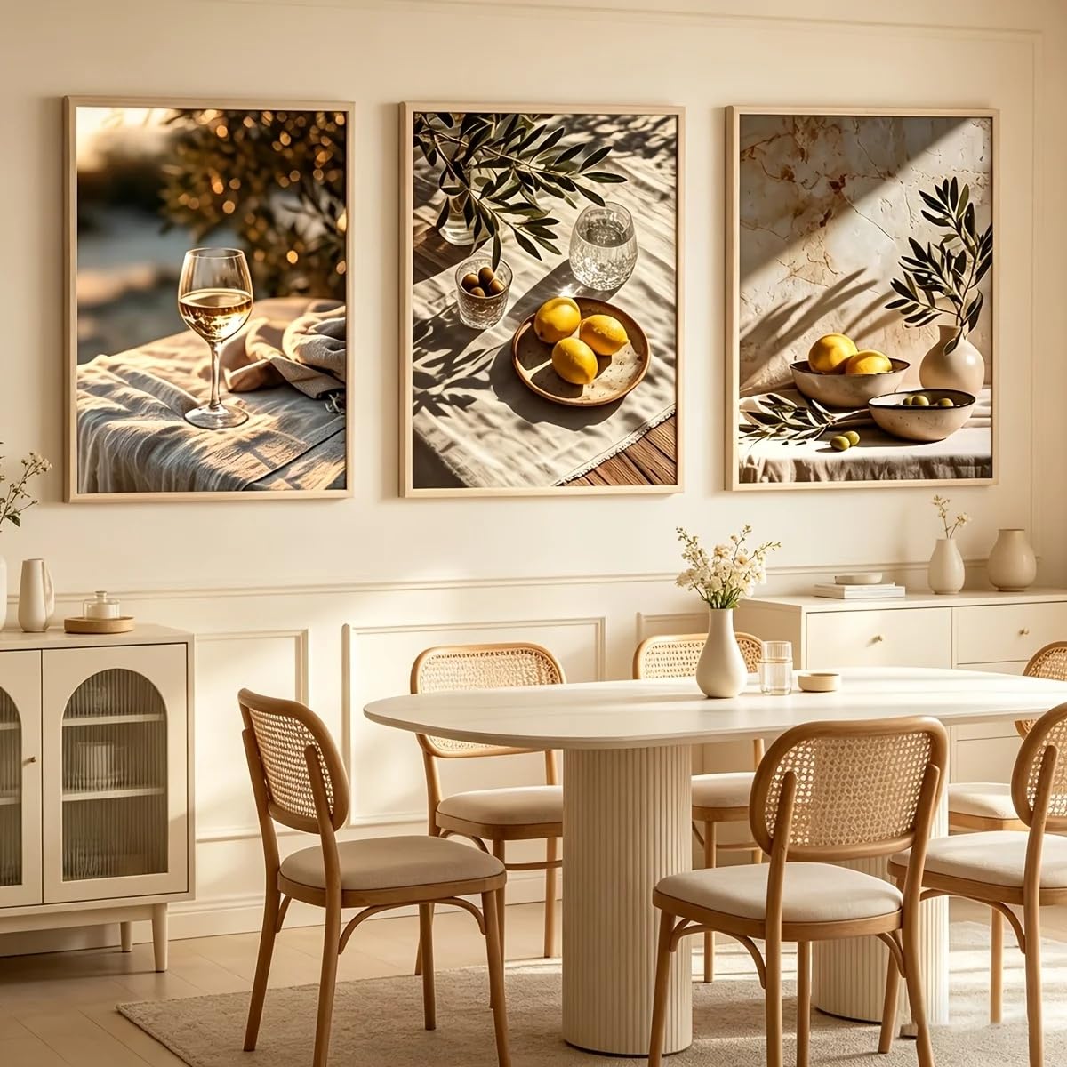SDVIB Stampe artistiche da parete con paesaggi mediterranei, foglie d'ulivo in vaso, natura morta su tela per decorazione domestica (60x80 cm/3 pezzi senza cornice)