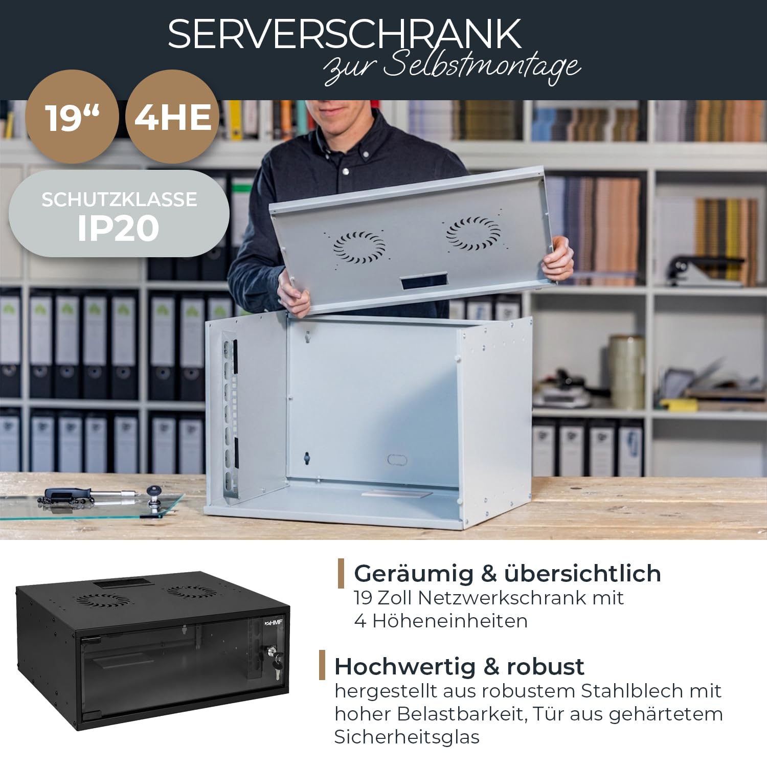HMF 65704-02 Netzwerkschrank, Serverschrank 19 Zoll | 4 HE | 400 mm Tiefe | Glastür | Schwarz