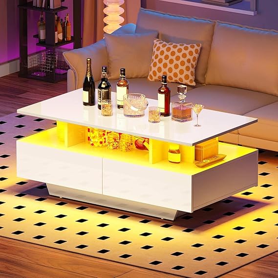 DWVO LED Coffee Table with Storage 4 Drawers, Modern High Glossy Coffee Tables for Living Room, White Rectangle Coffee Table Small Center Table with Open Display Shelf & Sliding Drawers, Glossy White