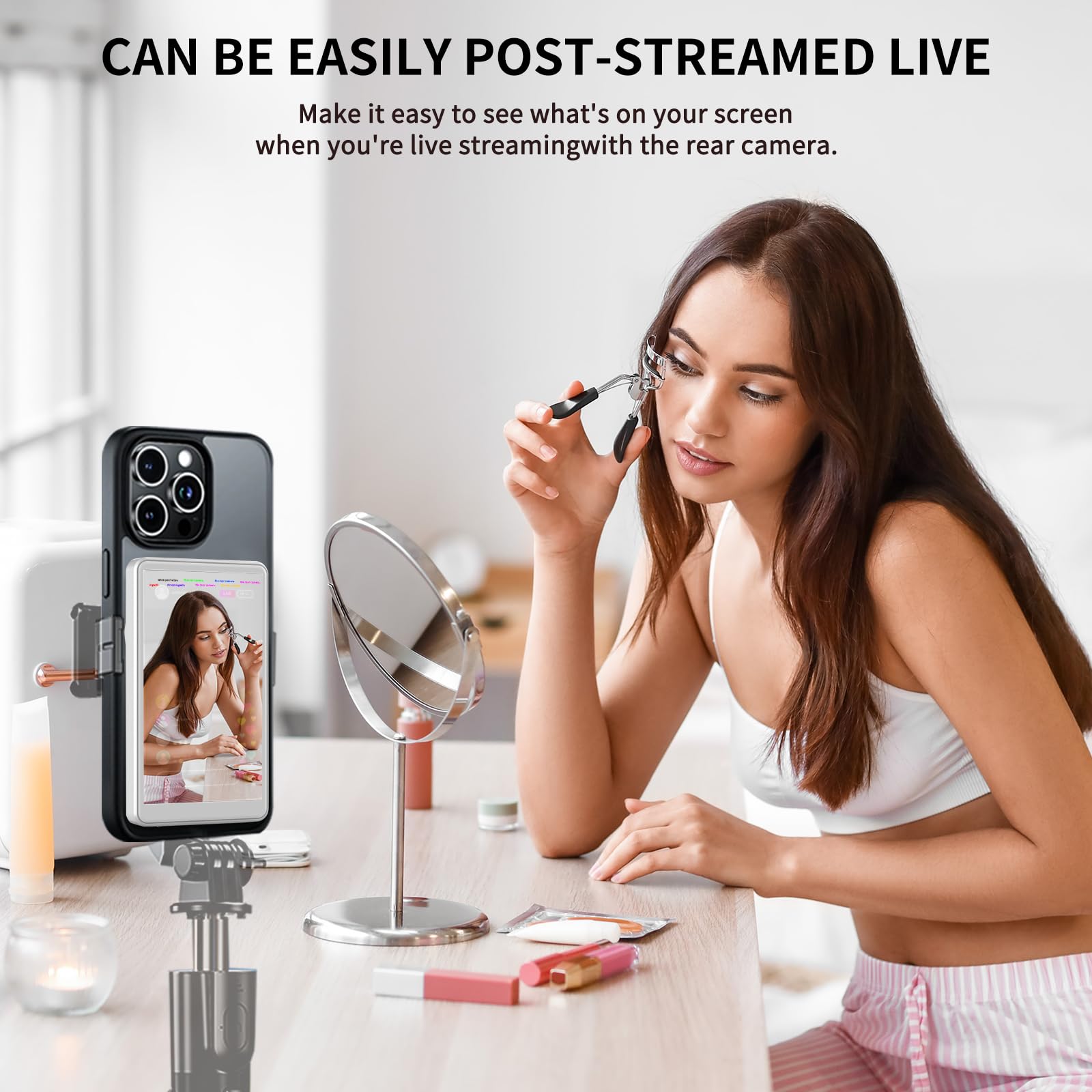Phone Vlog Selfie Monitor Screen, 1080P Wireless Recording Magnetic Mount, Rear Camera for TikTok, Selfie Vlog, Live Streaming, Compatible with iPhone/Android (White)