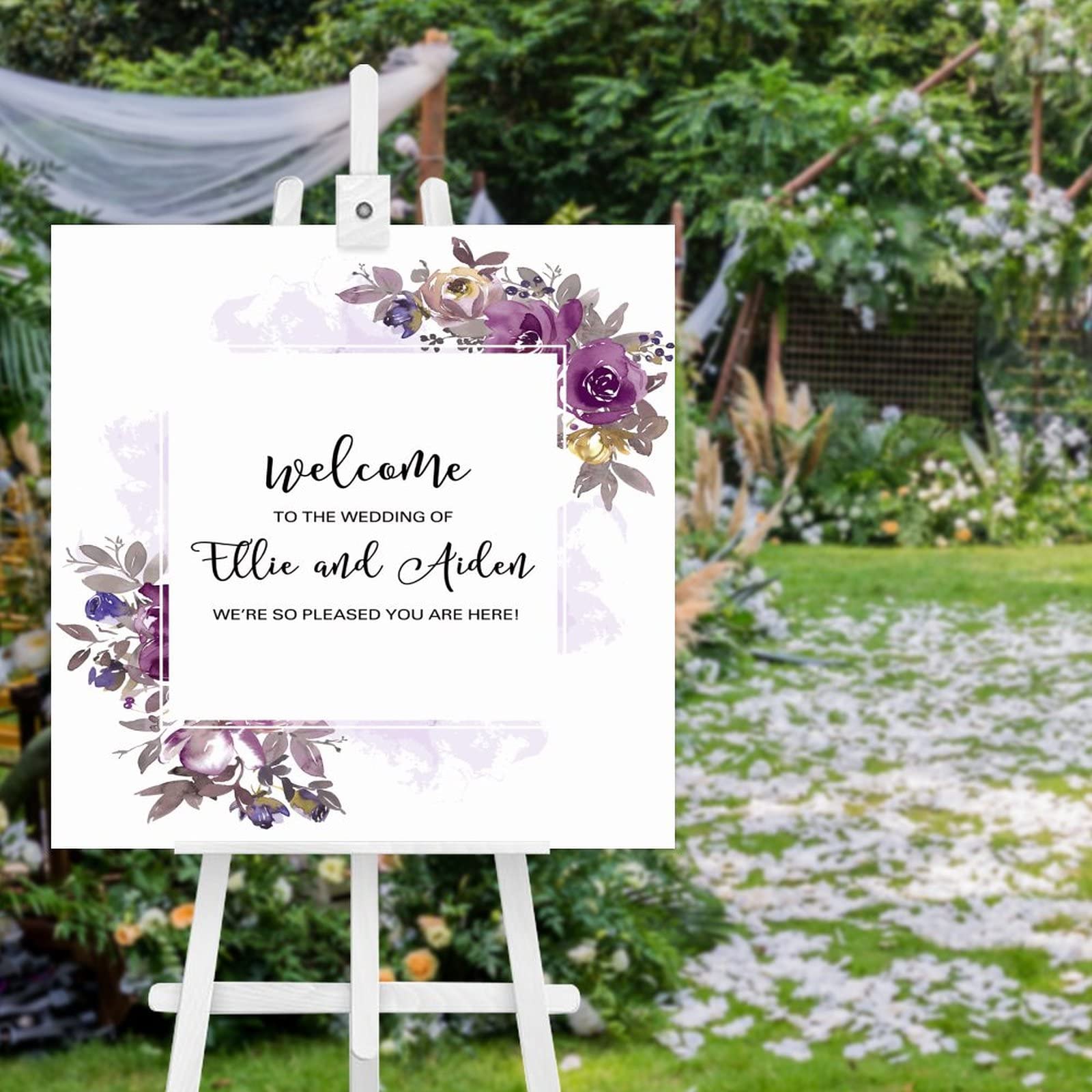 Panneau de bienvenue de mariage en bois floral violet pour personnalisation de cérémonie 50x50