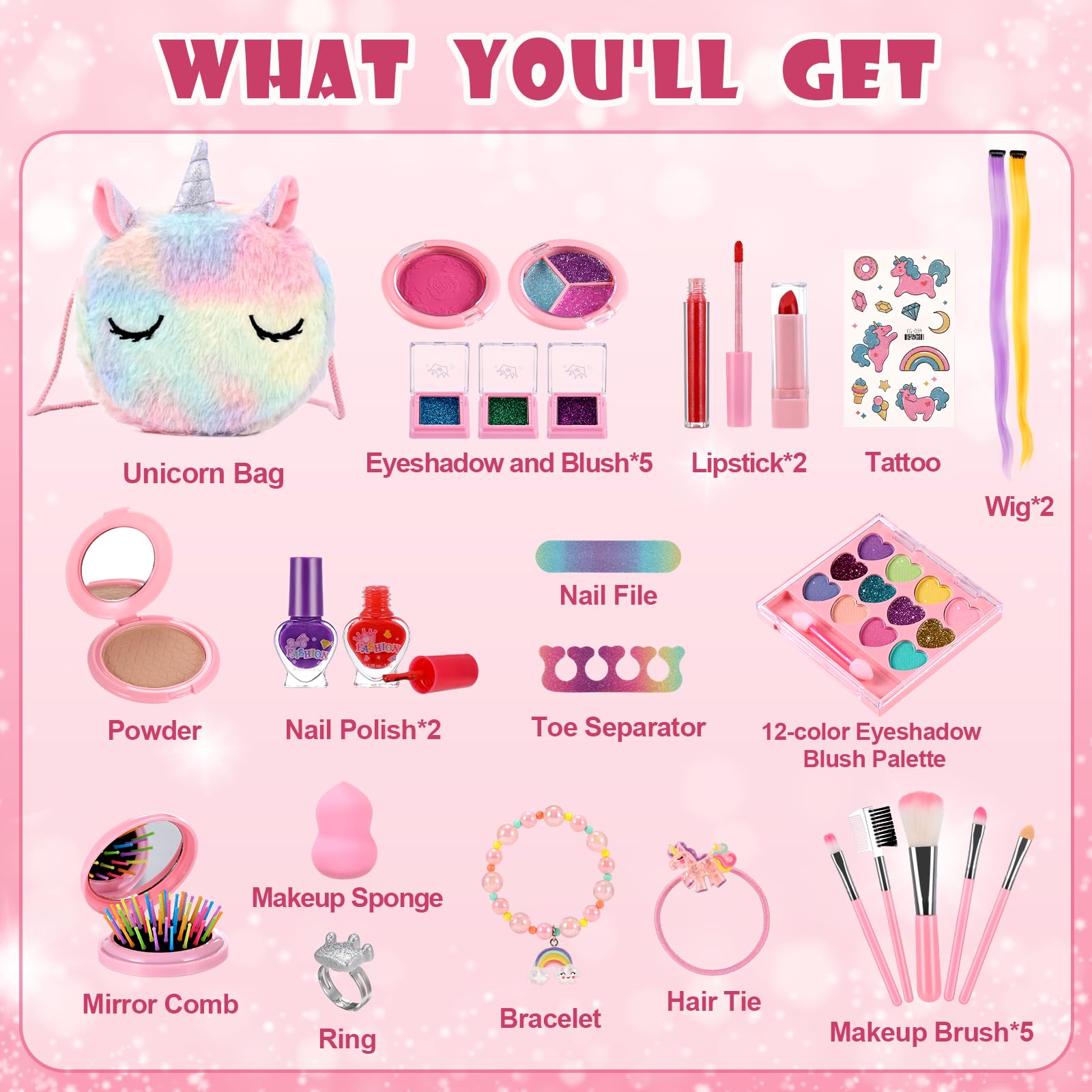 Anpro Trucchi Bambina Set, 41 Pezzi Set di Trucchi per Bambini e Bambine, per ragazze, Giocattoli, Halloween, Natale, Regalo di Compleanno per Ragazze 4, 5, 6, 7, 8, 9, 10 anni