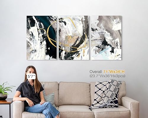 Miniatura 6 de GIFTTWART Lienzo abstracto grande para pared, impresiones de graffiti negro, blanco y dorado para decoración moderna de sala de estar, dormitorio,