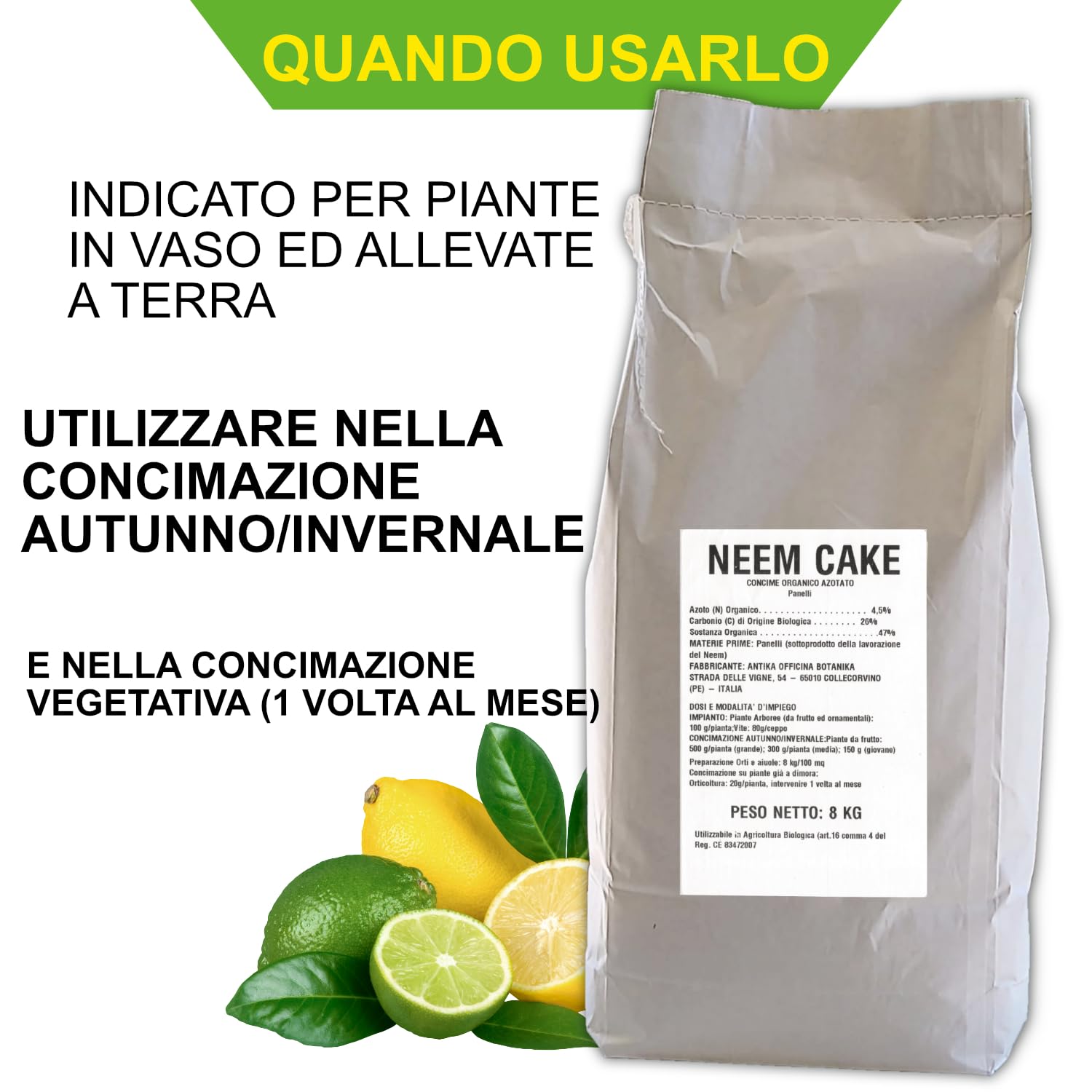 Neem Cake, Concime Biologico Vegetale, 3 Buste da 8 kg, per Orticoltura e Giardinaggio