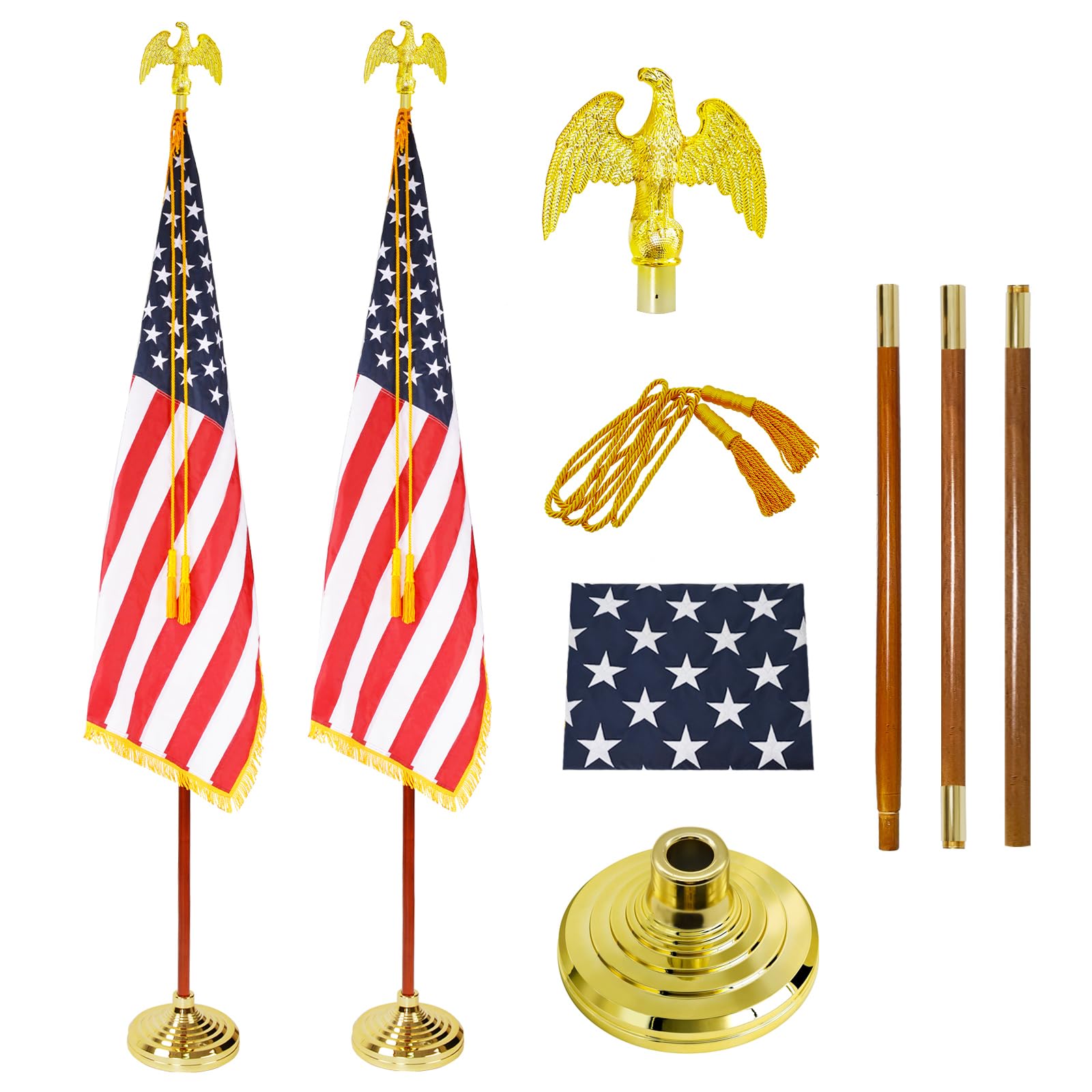 Indoor Presidential Flag Pole Kits 8FT Wooden Professional Commercial Indoor Flagpole with Golden Eagle Topper, Heavy Duty Flag Pole Kit with Base for Office School City Hall Government?2Pack?