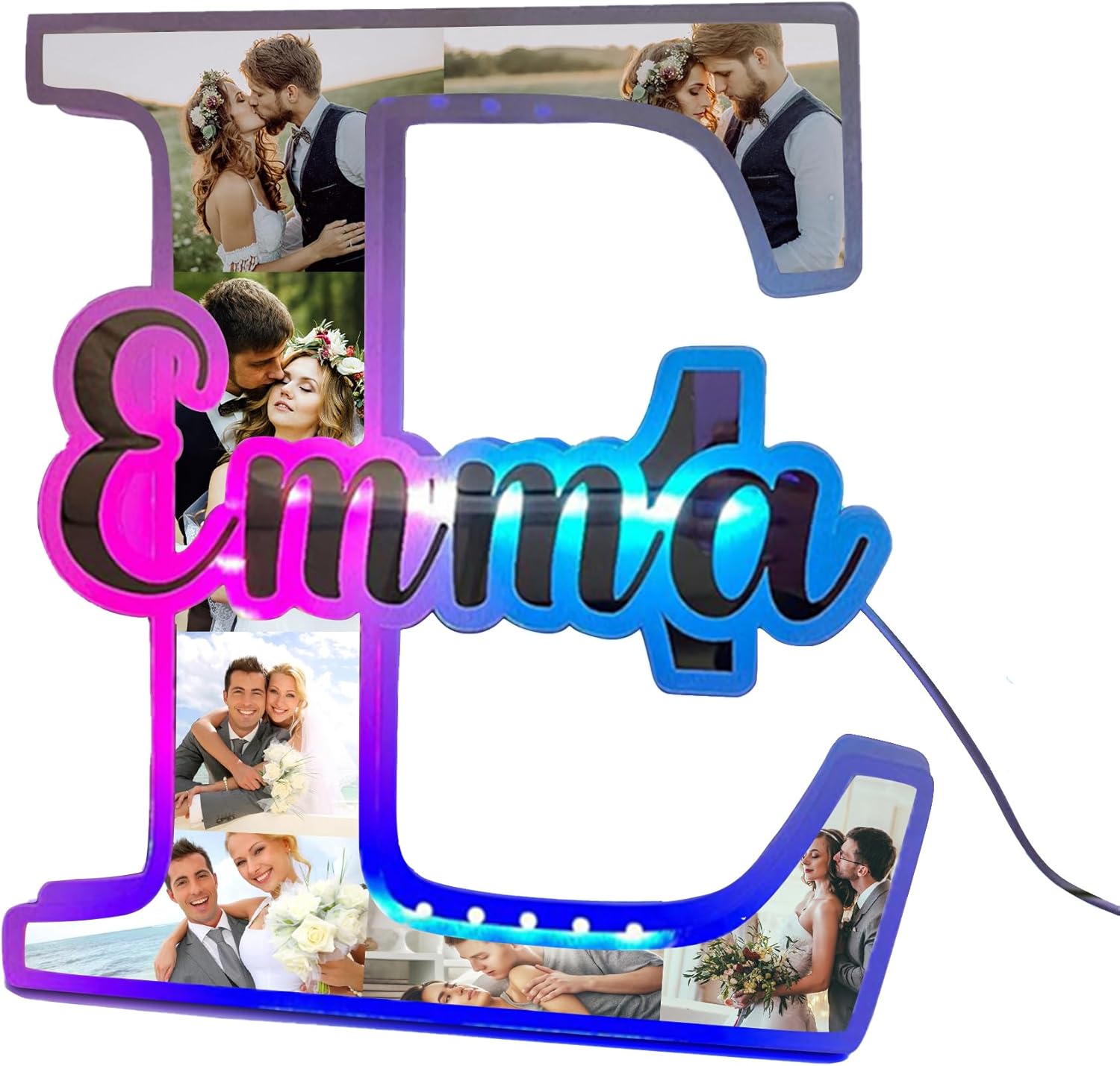 Personalized Couple 1-20 Photos Collage Alphabet Mirror Lamp Custom Name Letter Mirror Neon Sign Wall Art Decorion Gift for Valentine's Day Anniversary Birthday Wedding Wife (Style 1)