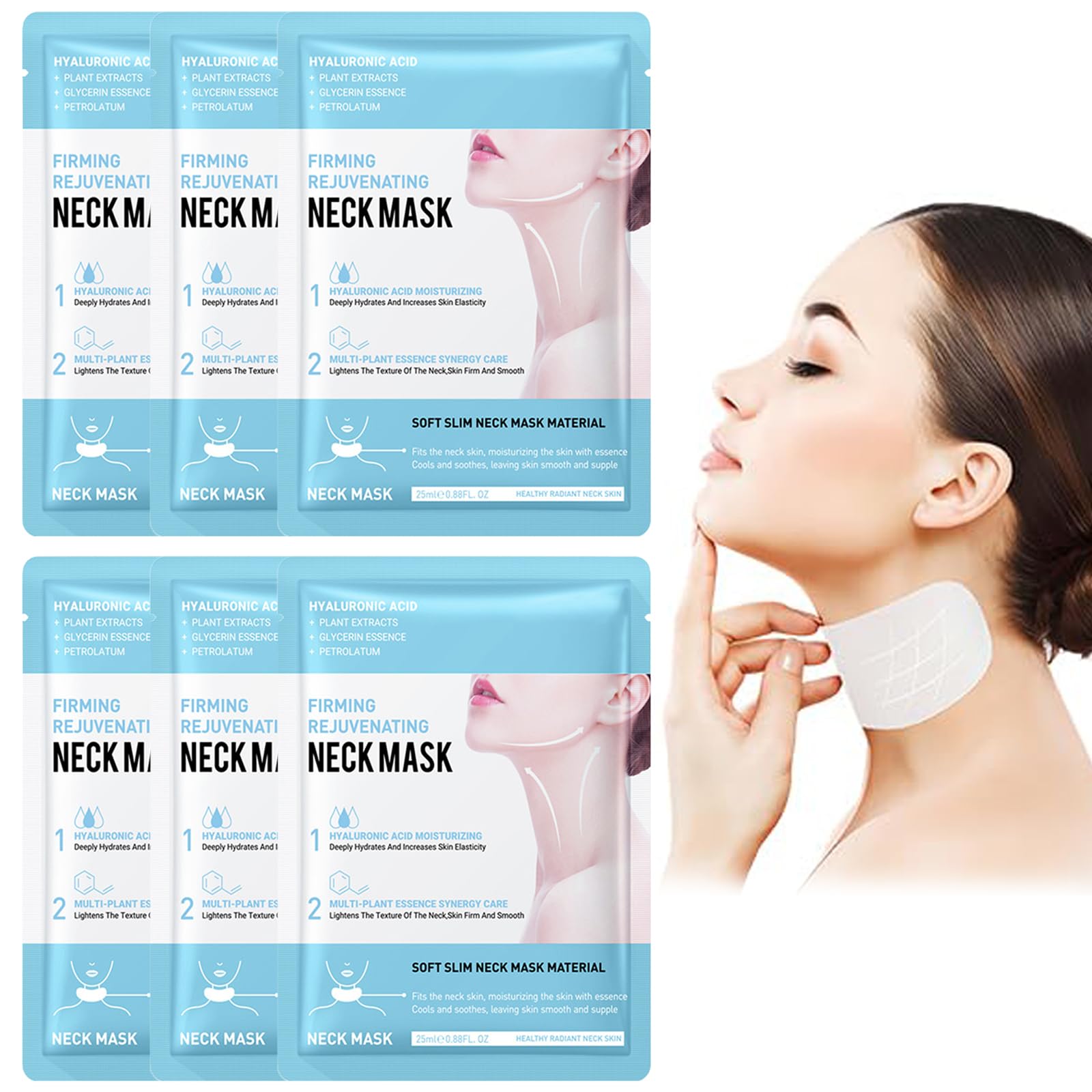 6 Pièces Masque Double Menton et Cou au Collagène, Masque Hydratant et Raffermissant pour le Cou et le Décolleté, Patch Anti-Rides à l'Acide Hyaluronique, Soin Lissant et Transparent pour Femme