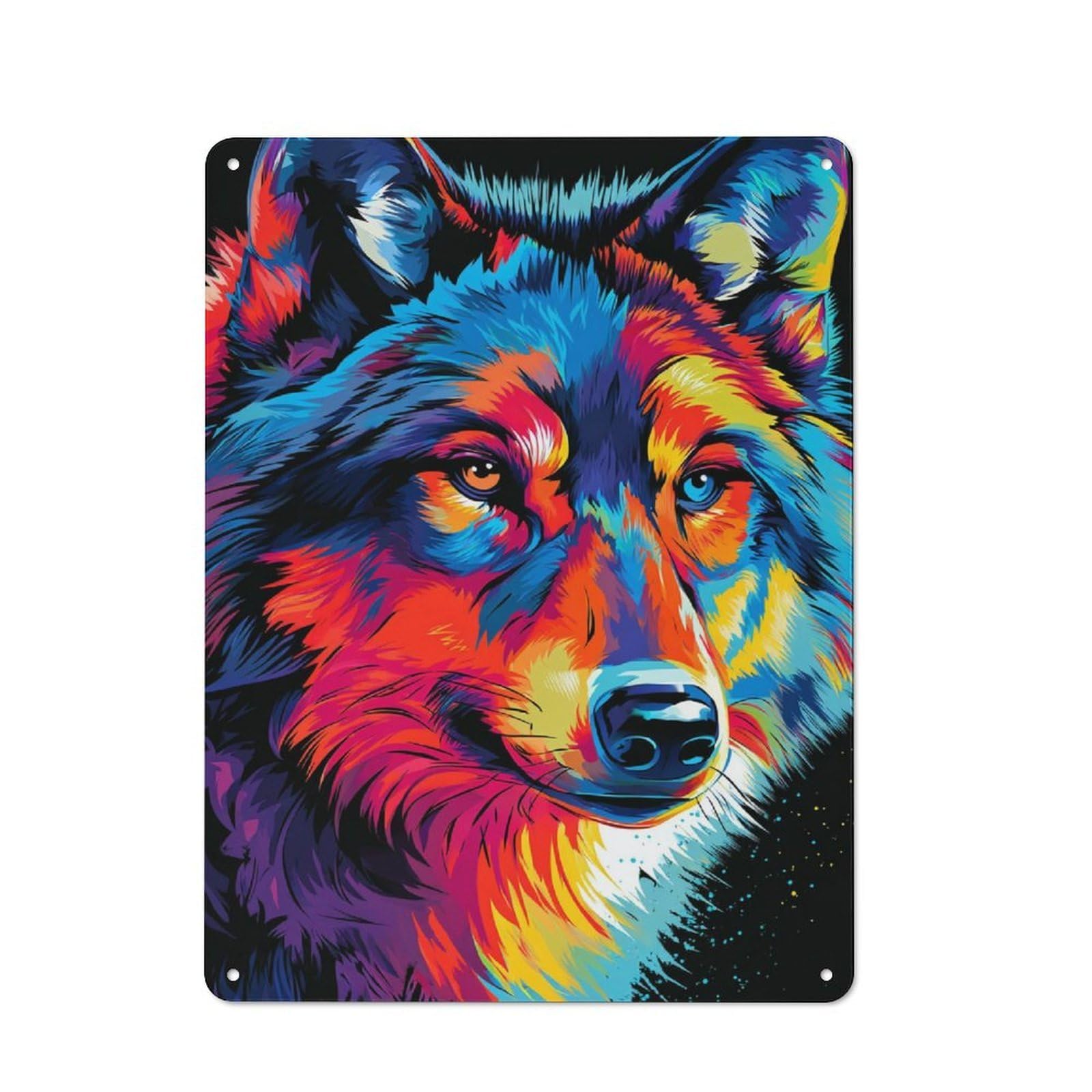 Junmoney Colorful Wolf Portrait Artwork -5 Clean Industrial Industrial Metal Sign 40X30cm, Studio Wall Art For Loft, Studio, Office Or Creative Room