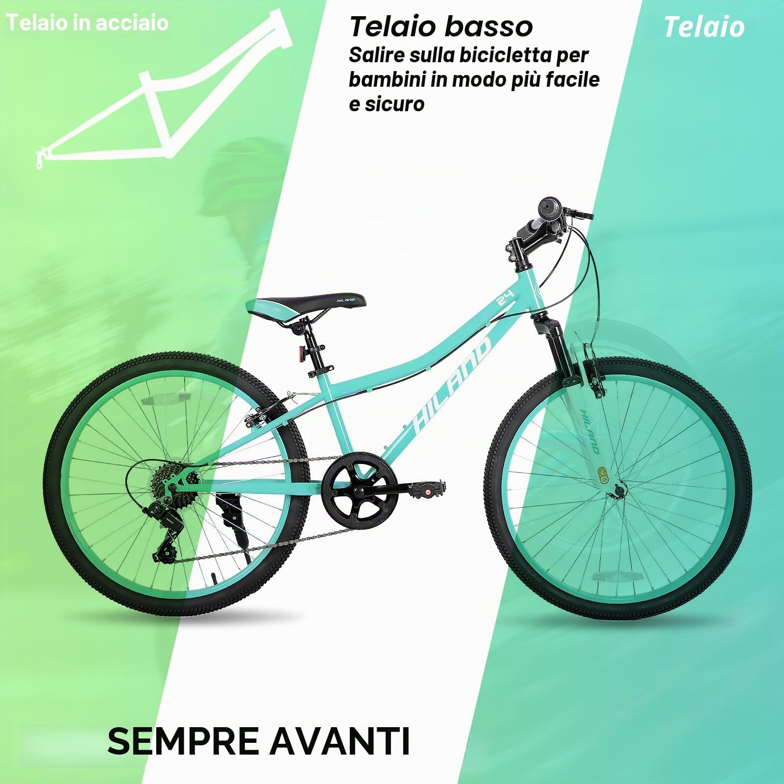 HILAND Climber Bicicletta per Bambini, 24", 7 Marce, Freno a V, Mountain Bike con Forcella Ammortizzata per Ragazzi e Ragazze, blu/verde menta/rosa/nero