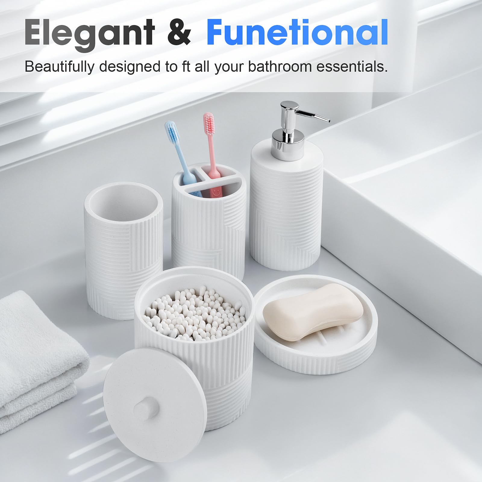 Juego de 5 accesorios de baño, juego de accesorios de baño de resina, juego completo con dispensador de jabón, juego de soporte para cepillo de dientes, jabonera, tarros de hisopo de algodón para