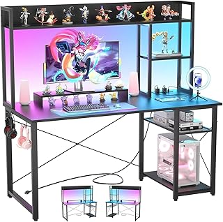 Gaming-Schreibtisch mit Aufsatz, 47-Zoll-Computertisch mit LED-Leuchten und Steckdosen, Home-Office-Schreibtisch mit umkehrbaren 5-stufigen Ablagefächern und Monitorständer, Schwarz
