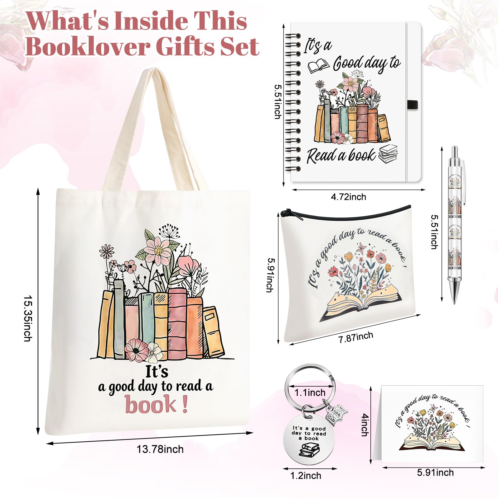 Buchliebhaber-Geschenk für Frauen, 6 Stück, Buchzubehör, Buch-Geschenke, inklusive Schlüsselanhänger, Leinen-Tragetasche, Bücher, Liebhaber, Reißverschluss, Make-up-Tasche, Notizbuch, Stift