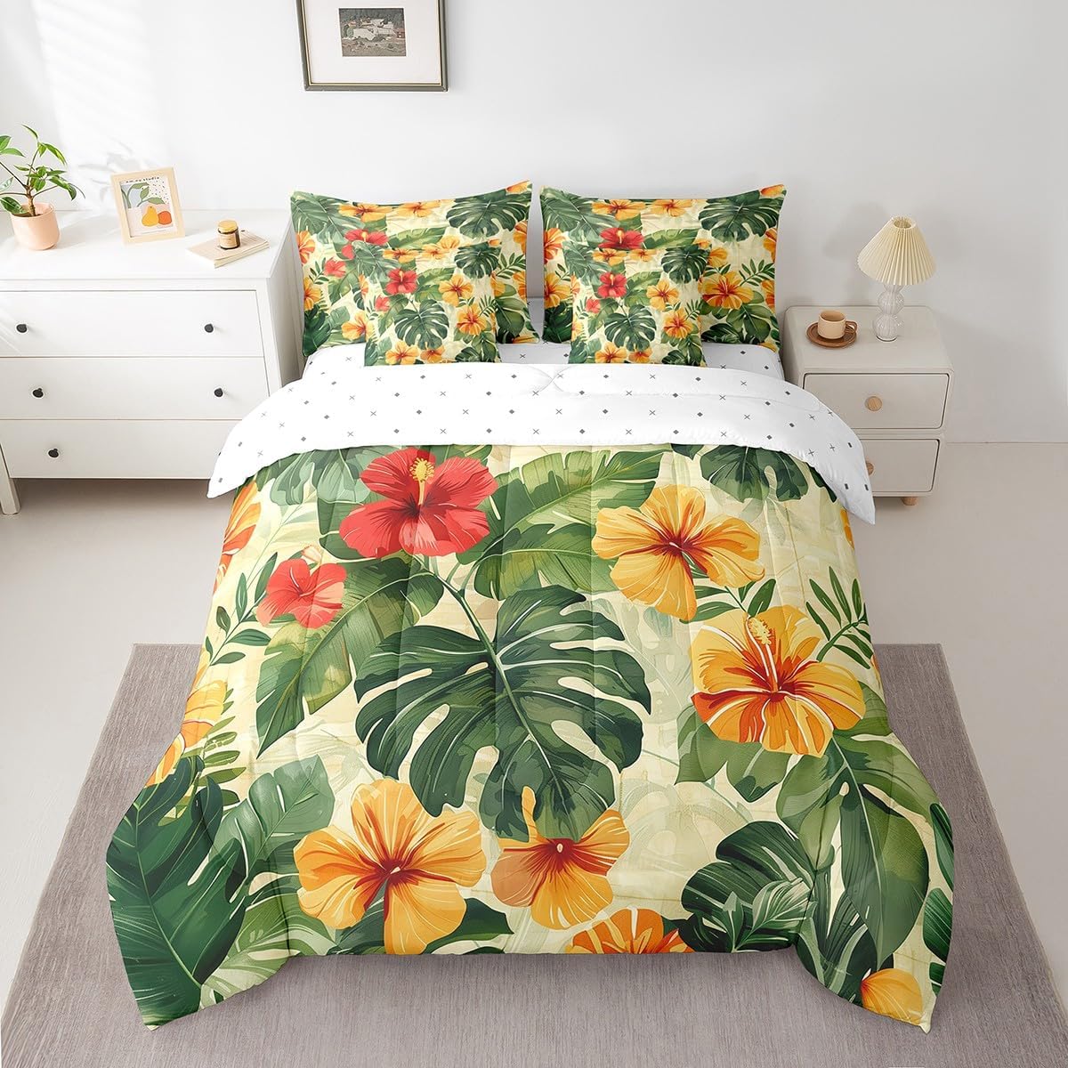 Castle Fairy Rustic Leaves Comforter Set Bed in a Bag 7 Pieces Queen,Tropical Sea Plants Flowers Bedding Set,Palm Leaves (Comforter+Fitted+Flat Sheet+2 Pillowcases+2 Throw Pillow Covers)