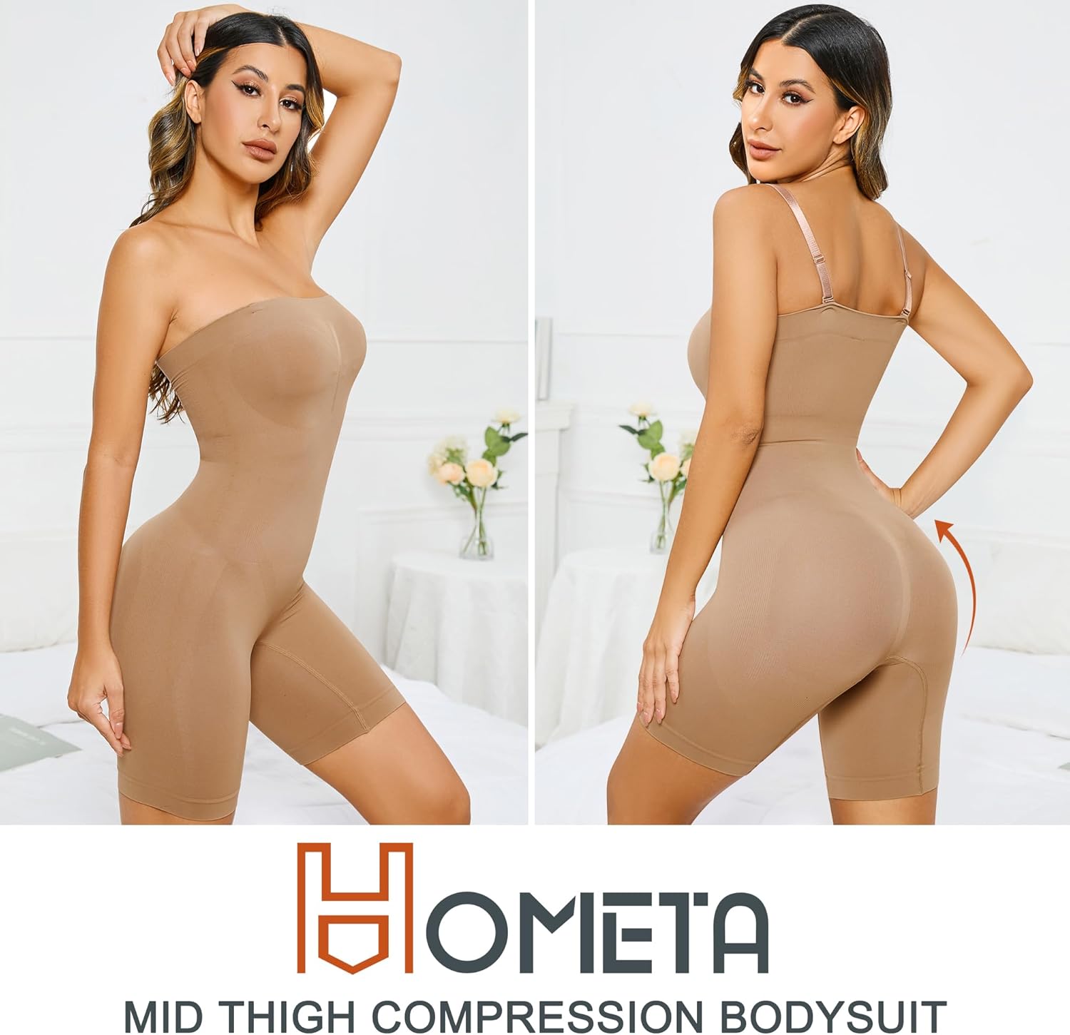 HOMETA Women's Shapewear Bodysuits Tummy Control Butt Lifter Body Shaper Strapless Seamless Mid Thigh Jumpsuit Tops - Image 2