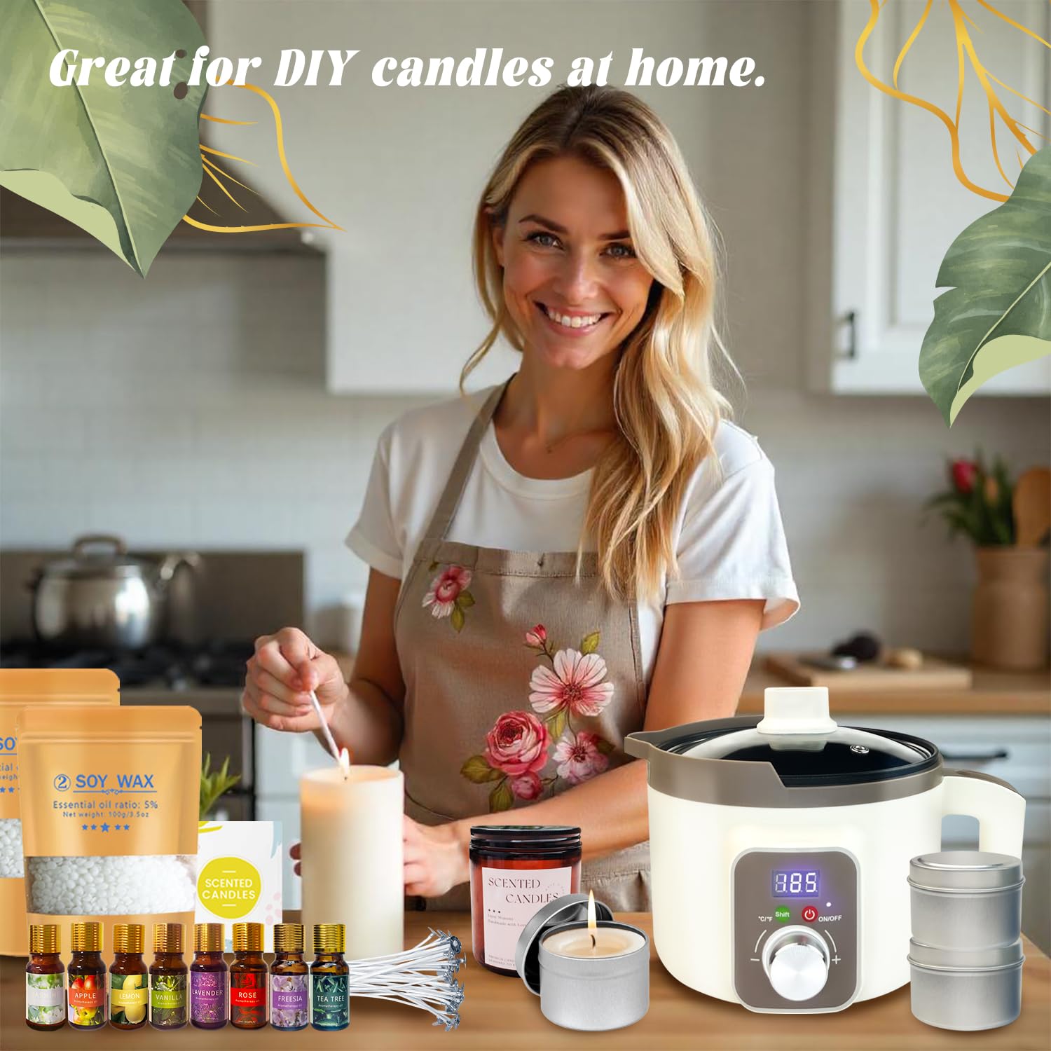 Kit de Fabrication de Bougies DIY, Kit Bougies a Faire Soi meme Adulte, Pot de Fusion de Cire électrique avec Bec Verseur, 8 Boîtes à Bougies, 8 Huiles Parfumées