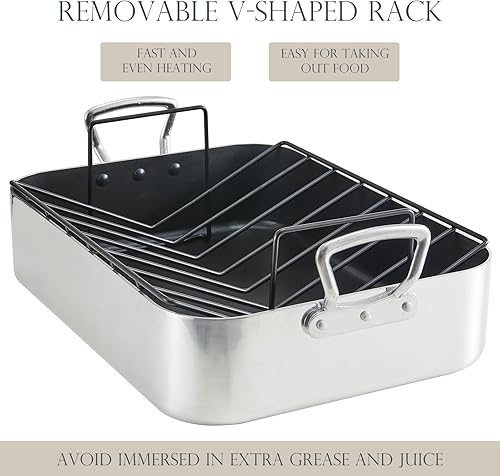 Miniatura 5 de KITESSENSU Sartén antiadherente para asar pavos con estante de 17 x 14 pulgadas, sartén grande para asar pollo para horno, asas más anchas y