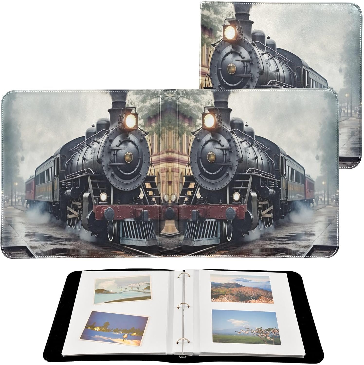 Vintage Train PU Leather Photo Album for Family Self DIY Scrapbook Album with 8x10 Inches 40 Pages 3 Ring Scrapbooking for Travel Couple Wedding Anniversary