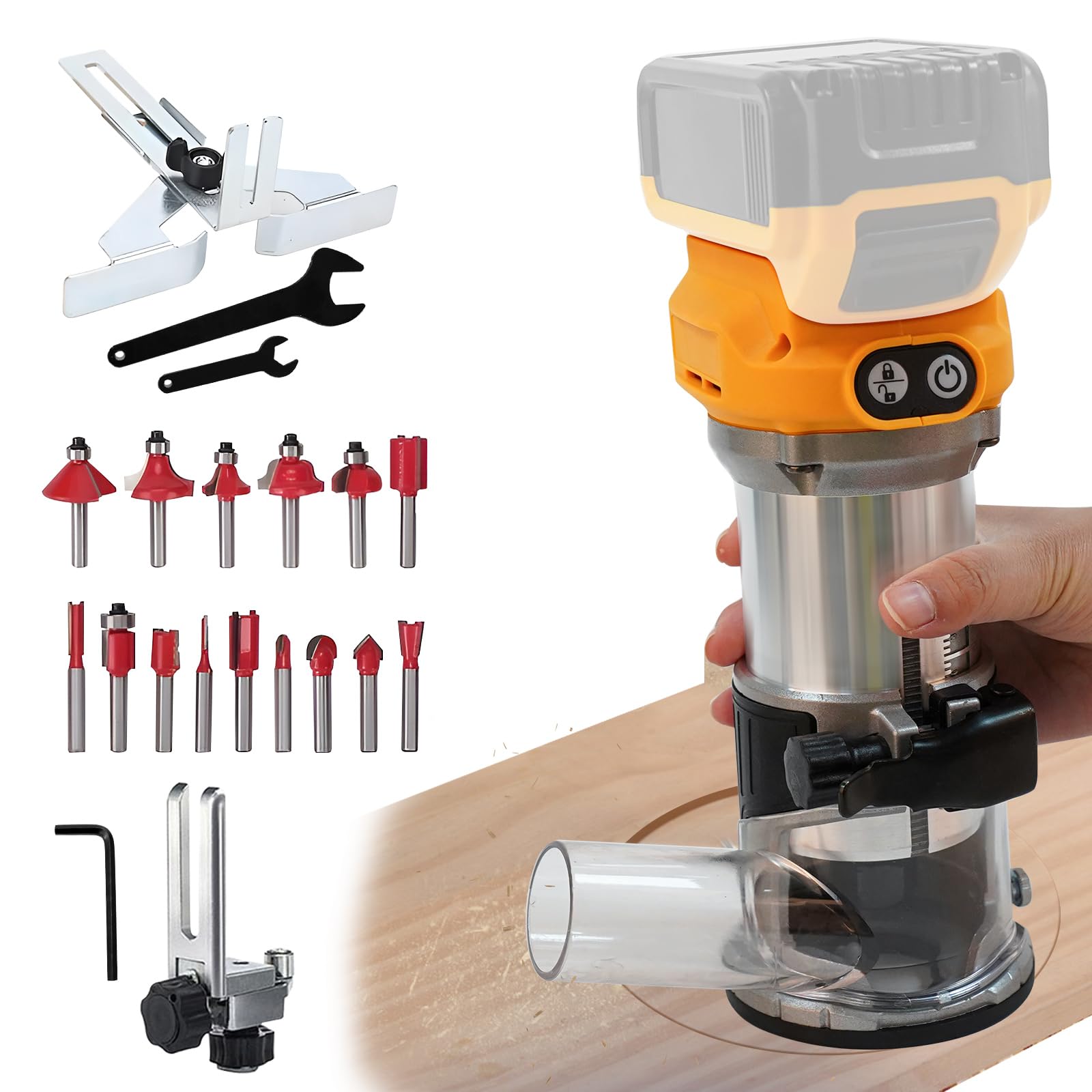 Cordless Wood Router for Dewalt 20V, 800W 30000 RPM Brushless Hand Palm Router with 6 Speeds for Woodworking Slotting Trimming with 15pcs 1/4" Shank Router Bits (NO Battery)