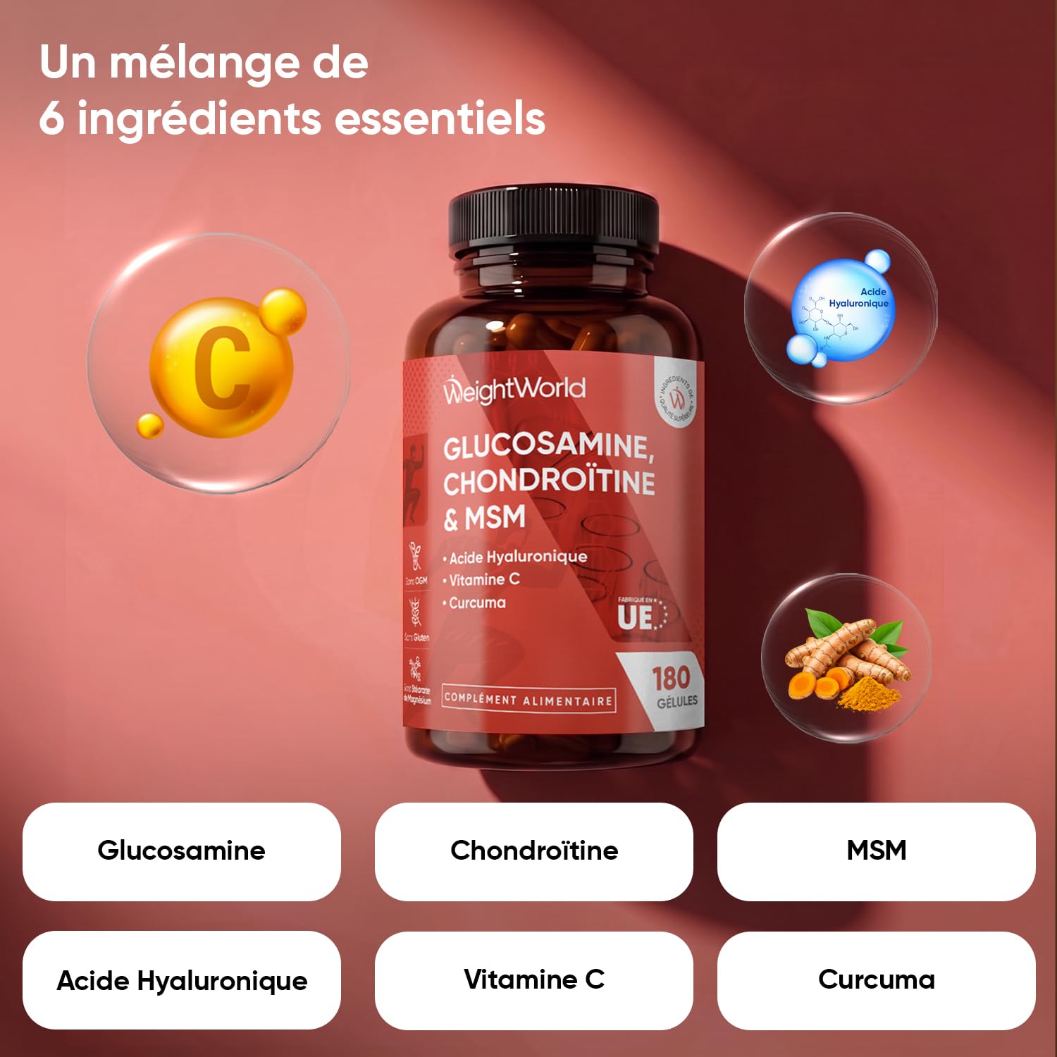 Glucosamine Chondroïtine MSM Vitamine C 180 Gélules - Enrichi en Curcuma, Acide Hyaluronique & Vit C Acide L Ascorbique - Complexe Glucosamine Chondroïtine sans OGM ni sans Gluten