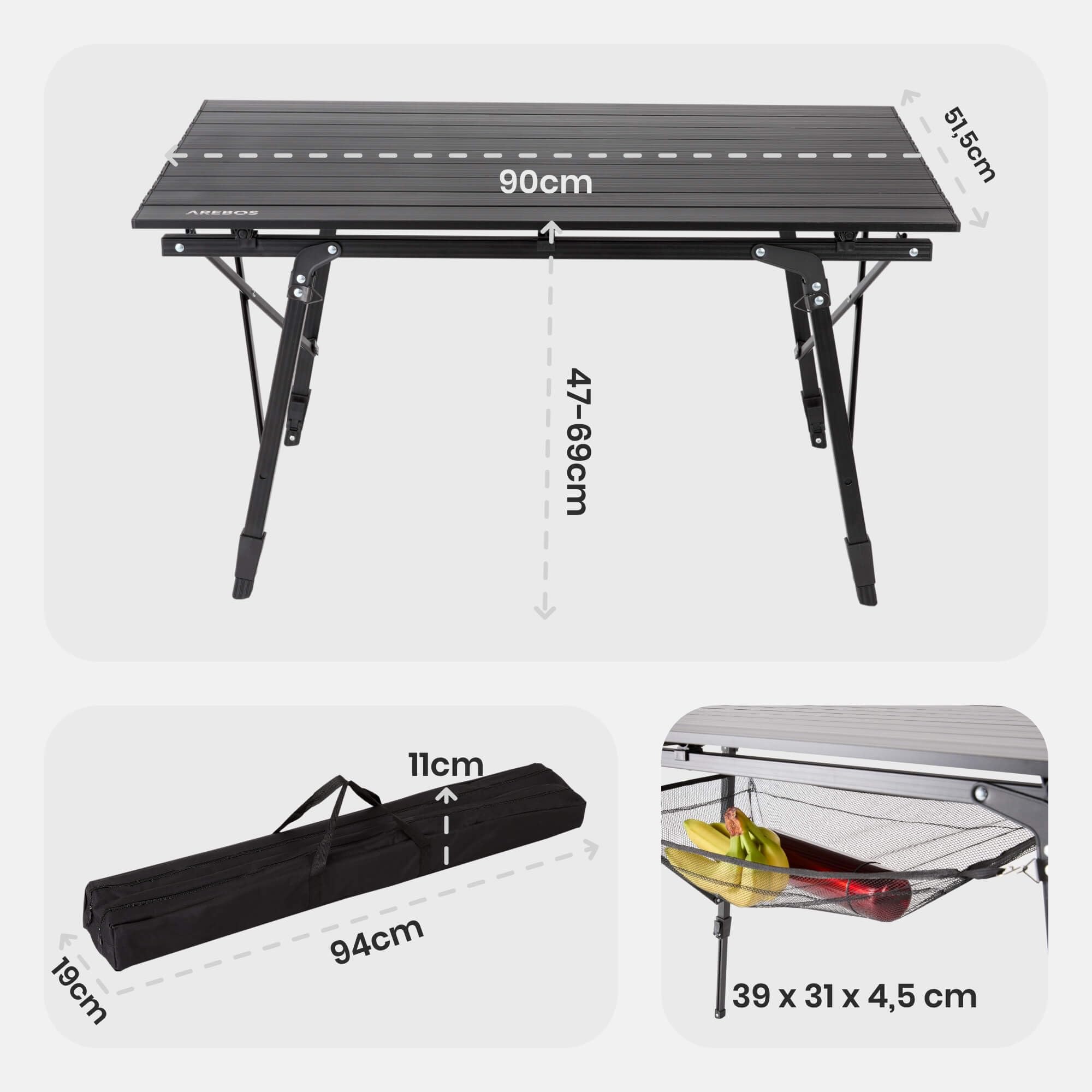 Arebos Campingtisch faltbar 90 x 51,5 cm | Klapptisch höhenverstellbar 47-69 cm | Camping Zubehör, Garten, Grill, Picknick | Camping Tisch klappbarer Falttisch | Reisetisch inkl. Tragetasche | Schwarz