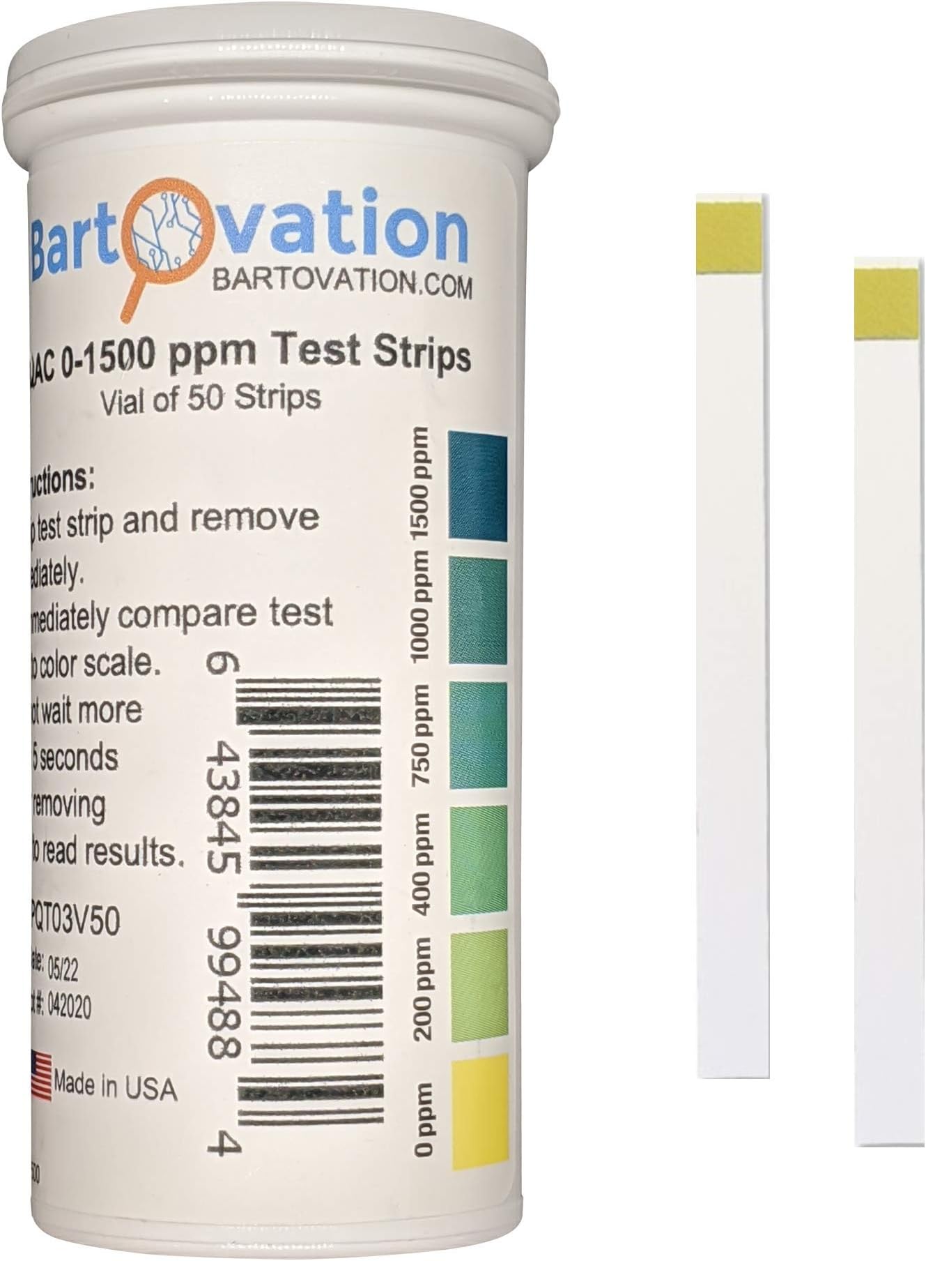 Bartovation Quaternary Ammonium (Qac, Multi Quat) Sanitizer Test Strips, 0-1500 Ppm [Vial Of 50 Strips]
