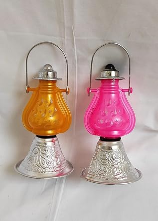 Trendy Bazaar Aluminium Silver and Plastic Glowing Lamp Set with Different Lights Miniature/Showpiece Toy with a Small Holding Handle for Kids, Kitchen and Home Decor(Set of 2), Pink and Yellow