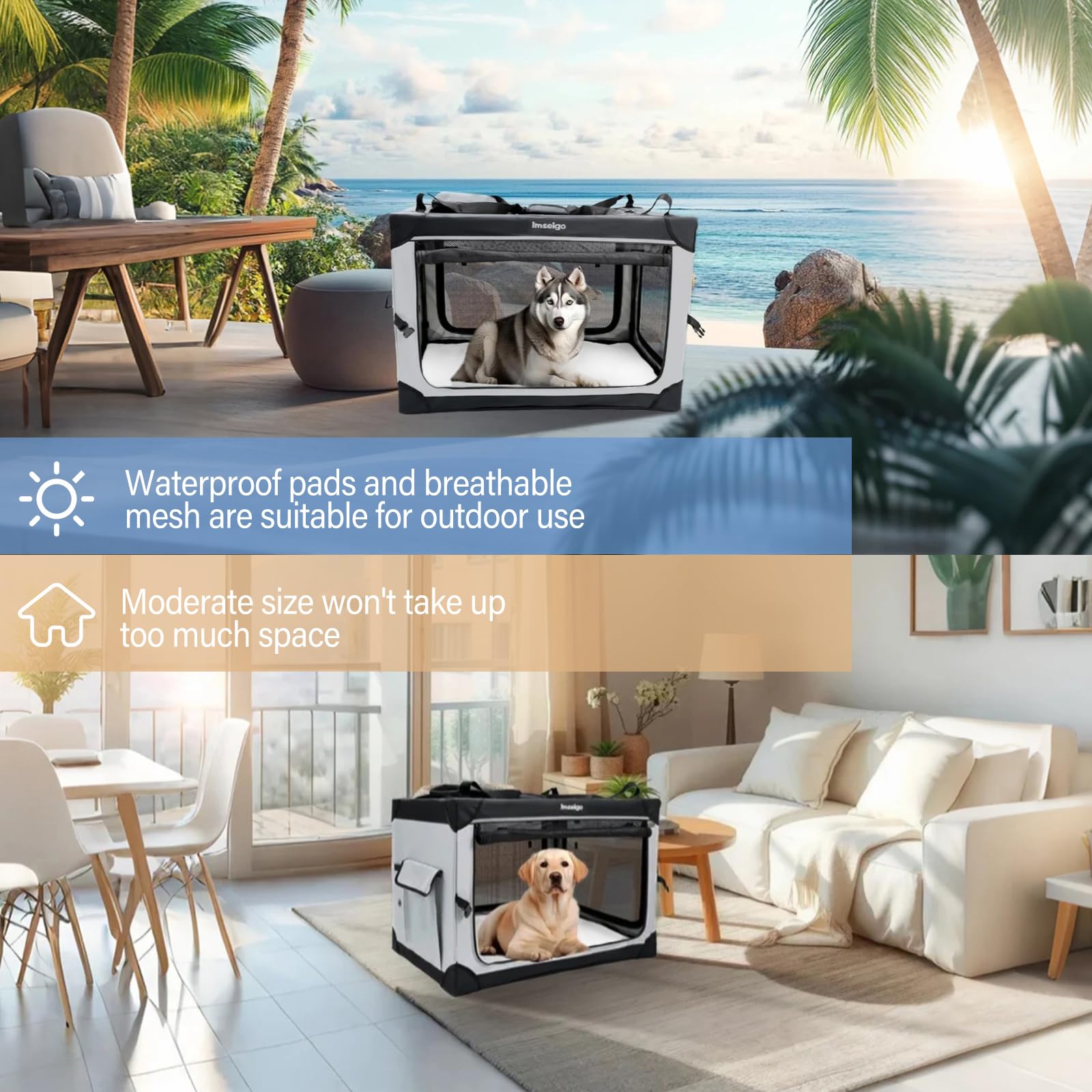 Imseigo Collapsible Dog Crate, Portable Soft Dog Crate with Fleece Bed for Medium Dog, Folding Travel Carrier Kennel with 3-Door Mesh Windows for Indoor &Outdoor - image 2