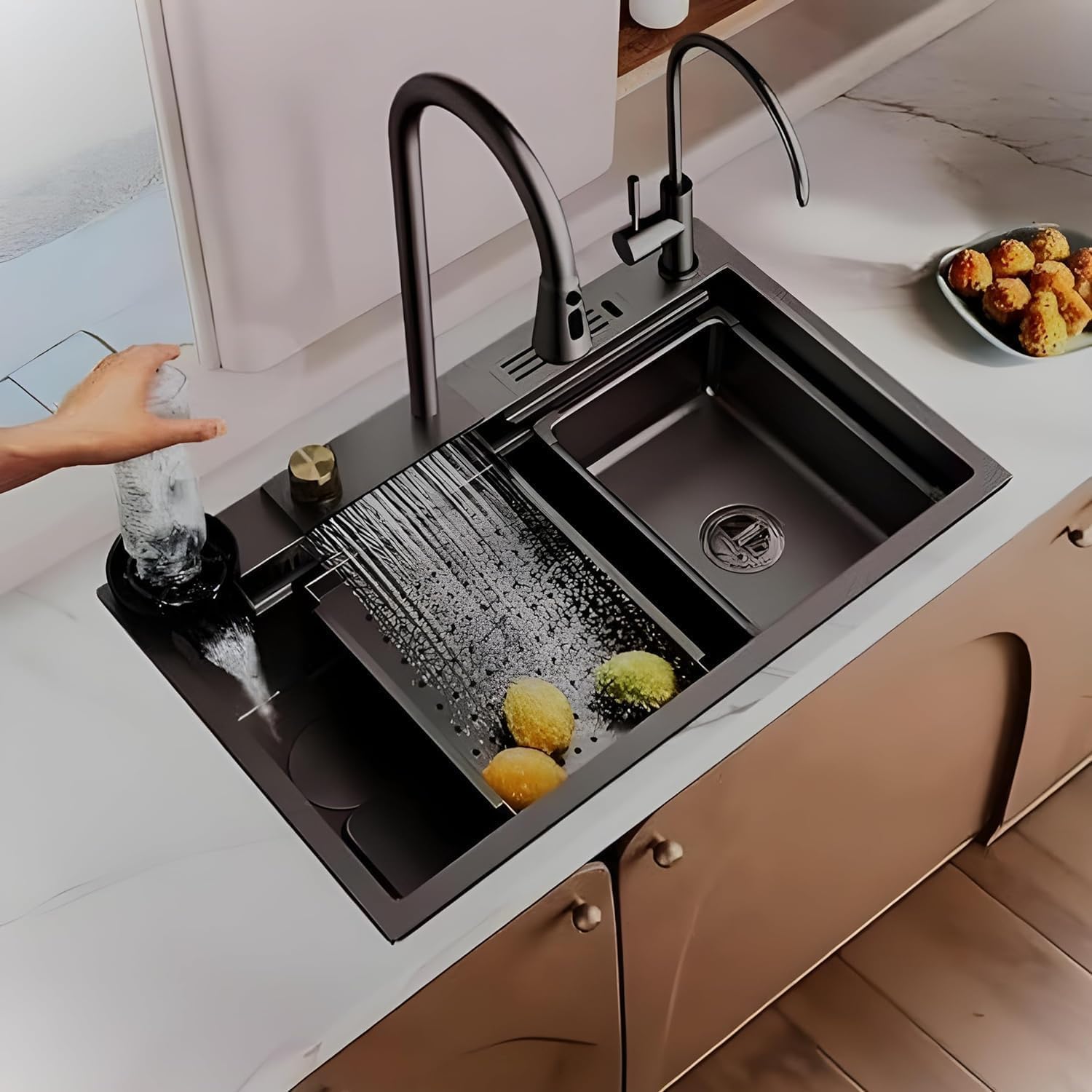 ARQUIN Kitchen Sink 30"x18"x9"Inch Waterfall Sink Single Bowl 304 Grade Stainless Steel with ANTI SCRATCH HONEYCOMB DESIGN Integrated Pull-down Faucet with Cup washer & Drain Baskets