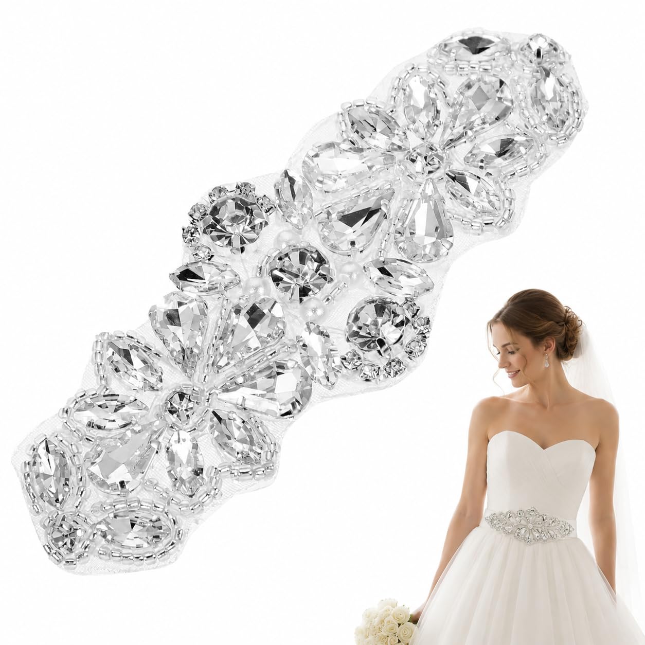 SUPVOX Silver Rhinestone Applique Belt Pearl Sash for Wedding Dress