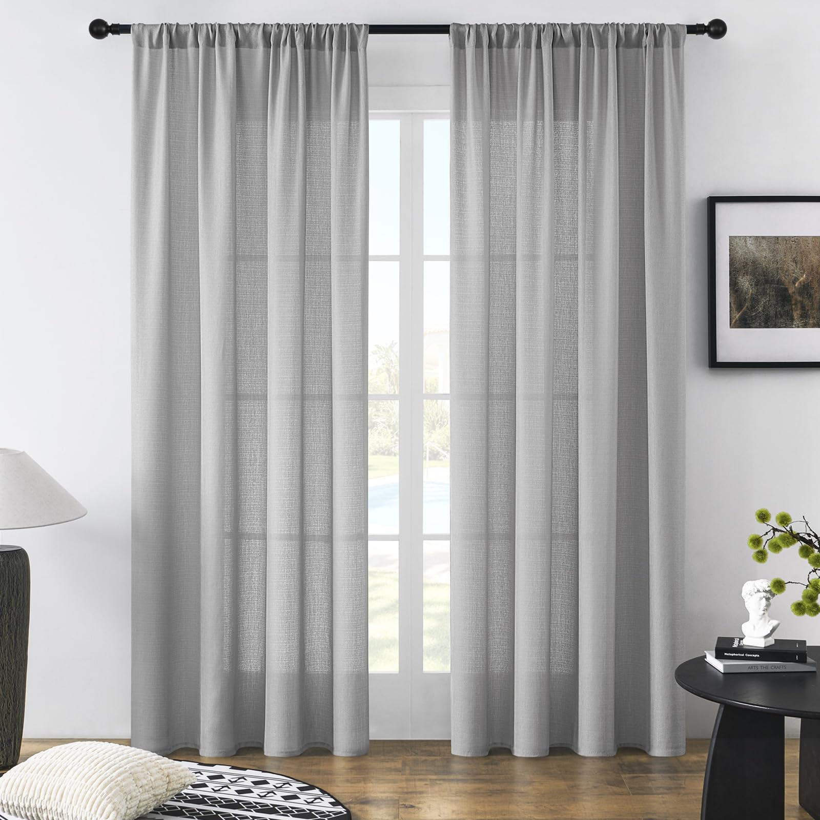 Grey Faux Linen Net Curtains, Natural Look Semi Sheer Voile Curtains, Thicker Than Thin Voiles, 102 inch Drop, 30-40% Light Filtering Rod Pocket Window Drapes for Living Room Privacy, 2 Panels
