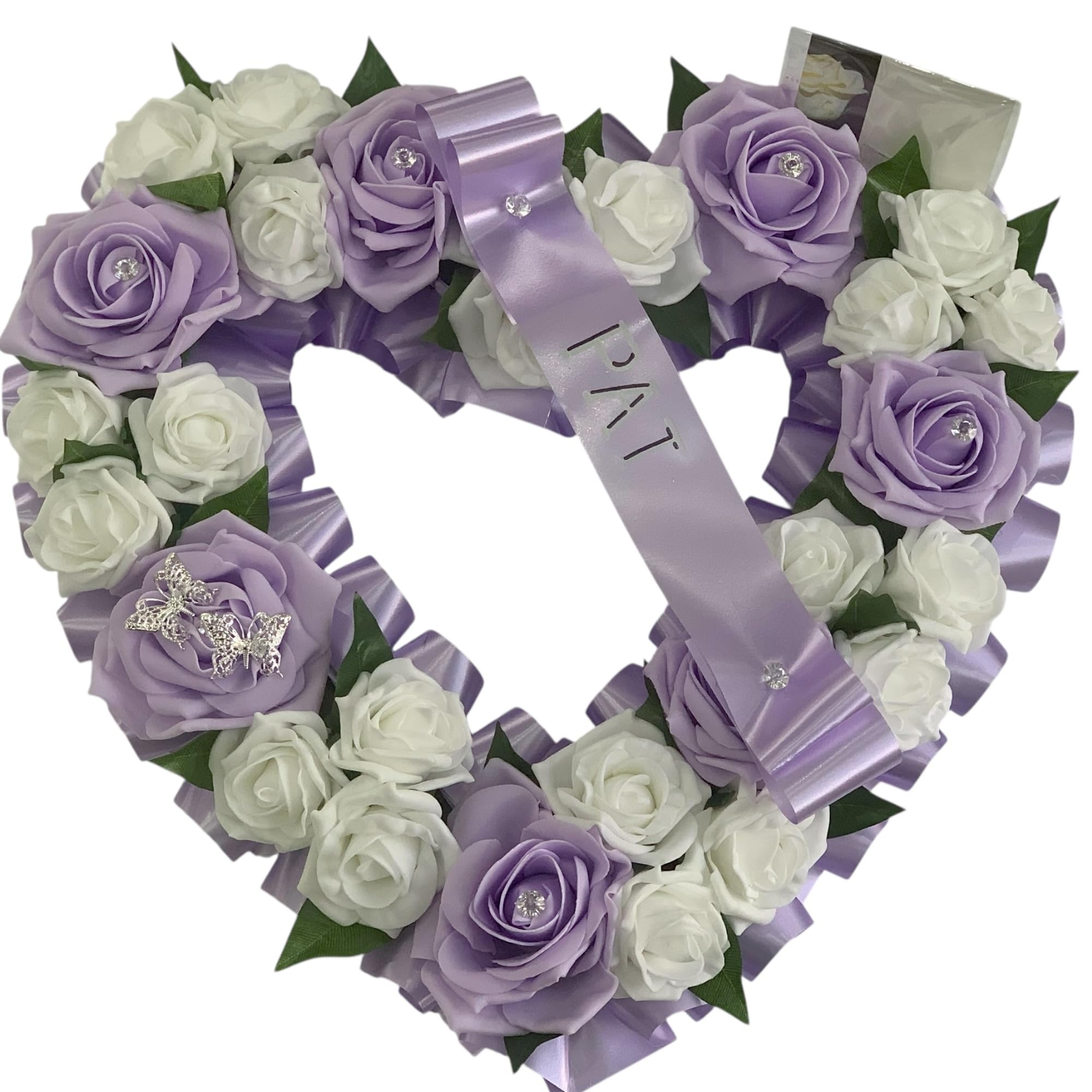 Funeral Flowers Wreath large Heart Memorial Tribute Artificial Silk butterfly tribute mum, dad, gran, nan (PURPLE)