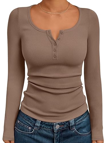 Trendy Queen Long Sleeve Shirts for Women Henley Ribbed Fall