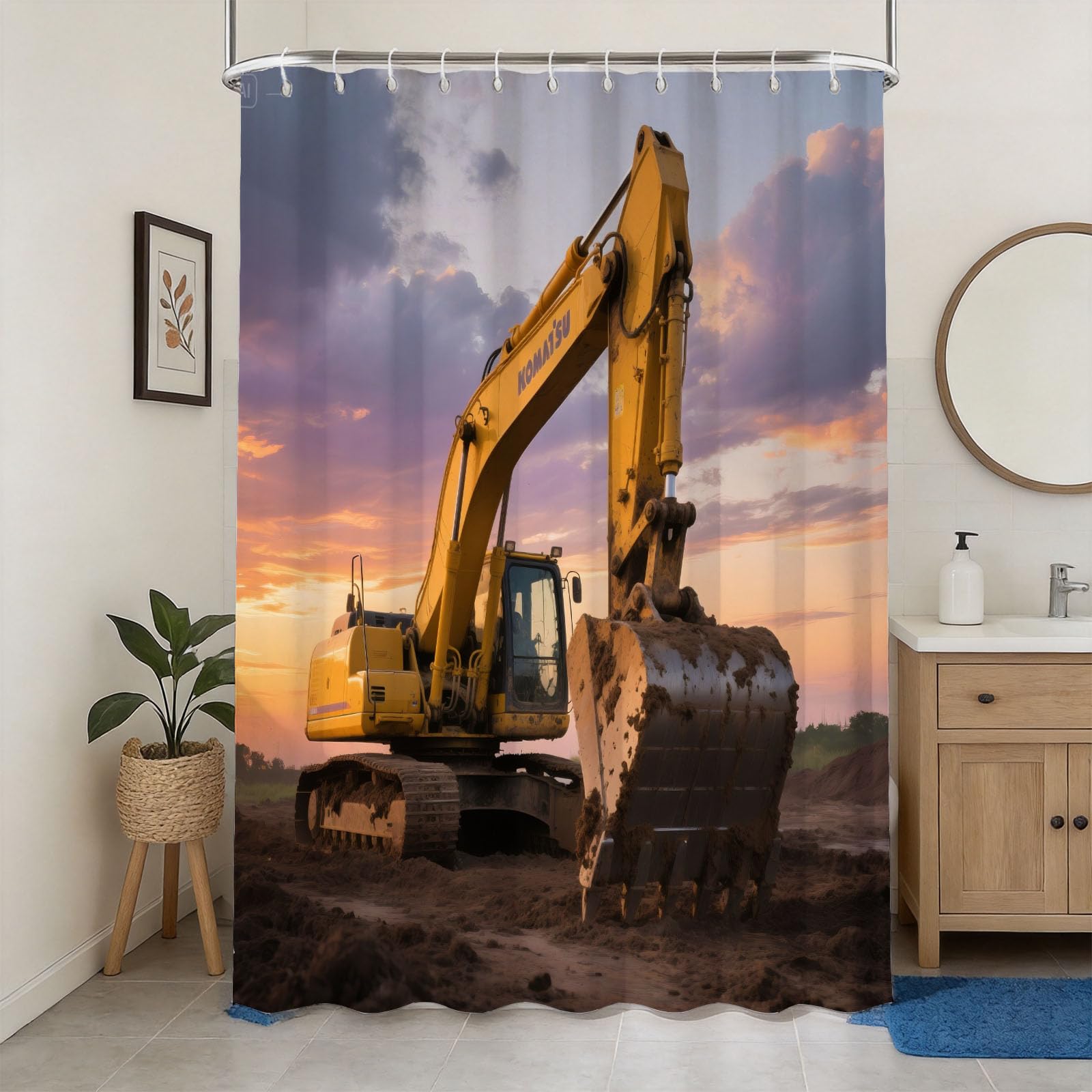 Hongduo 3D Excavator Shower Curtain for Stalls Bathtubs Dusk Bathroom Decor Shower Curtain Set Polyester Fabric Waterproof 180x180cm/71X71 Inch with Hooks