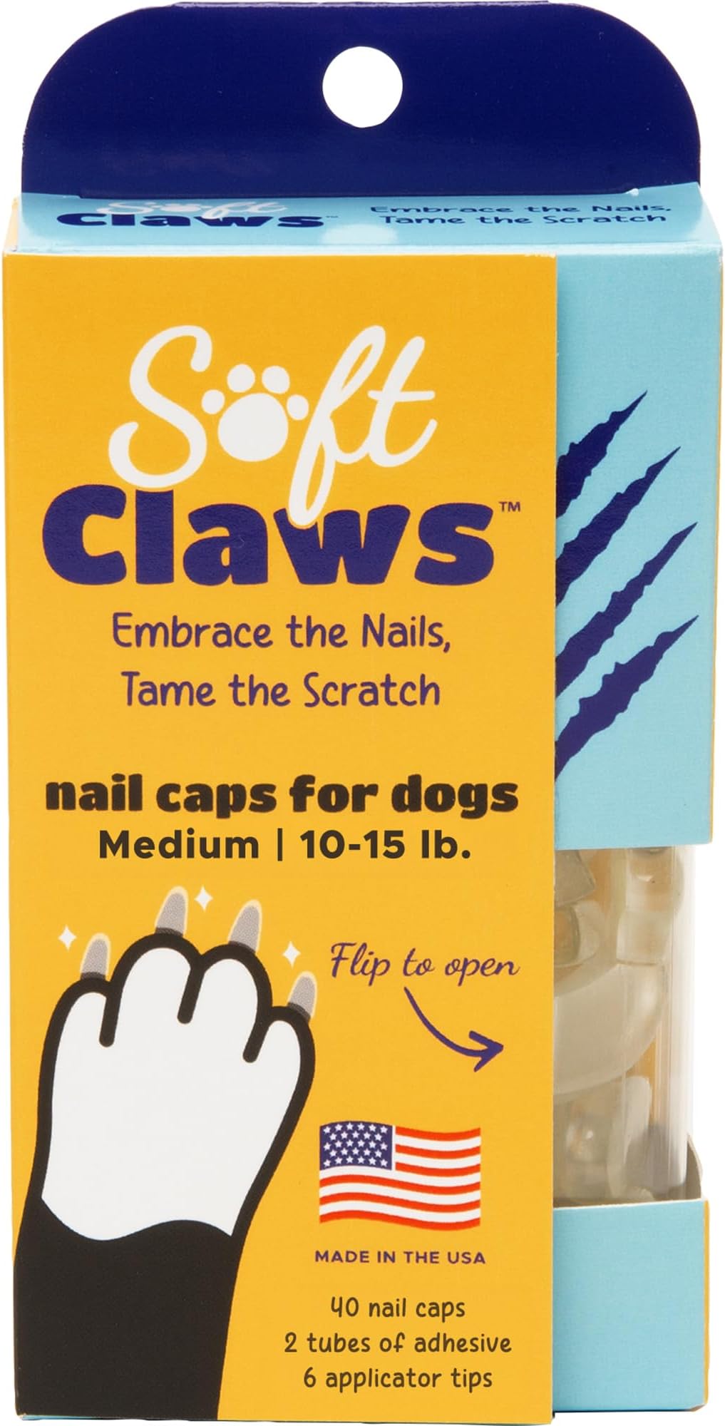 Soft Claws Dog Nail Caps, 40 Medium Nail Caps, Made in USA - Vet Developed, Safe & Non-Toxic Easy to Apply Claw Covers | Protects Furniture & Skin, Clear