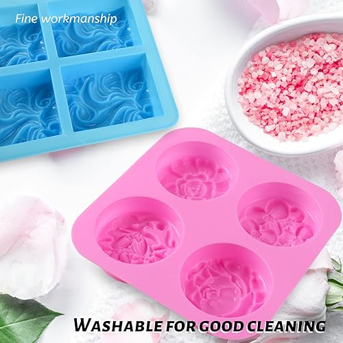 Miniatura 4 de Sakolla Paquete de 2 Moldes de Silicona para Jabón, 4 Cavidades Rectangulares de Onda y Moldes de Silicona de Flores Redondas para Jabón Hecho a