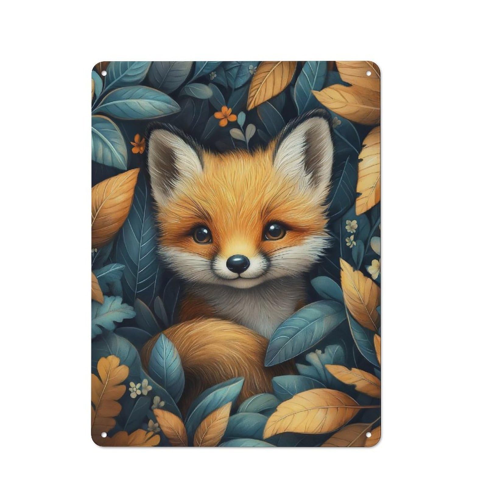 Red Fox In Autumn Leaves Retro Metal Wall Decor 40x30cm, Tin Wall Sign for Bakery, Diner, Cafe Or Family Room