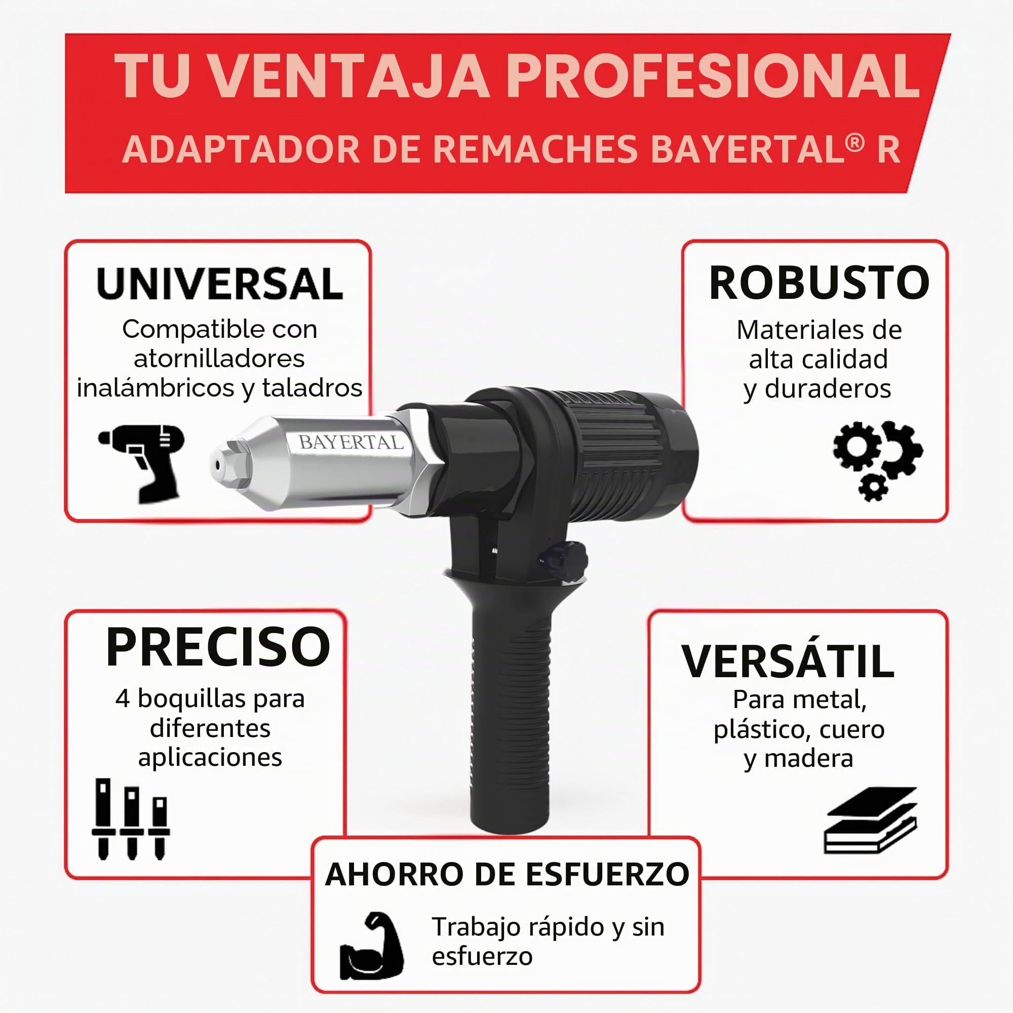 Juego de remachadora para taladros y atornilladores – 4 boquillas – Adaptador de remaches ciegos para metal, plástico y cuero – Construcción robusta – Alicates remachadores Premium