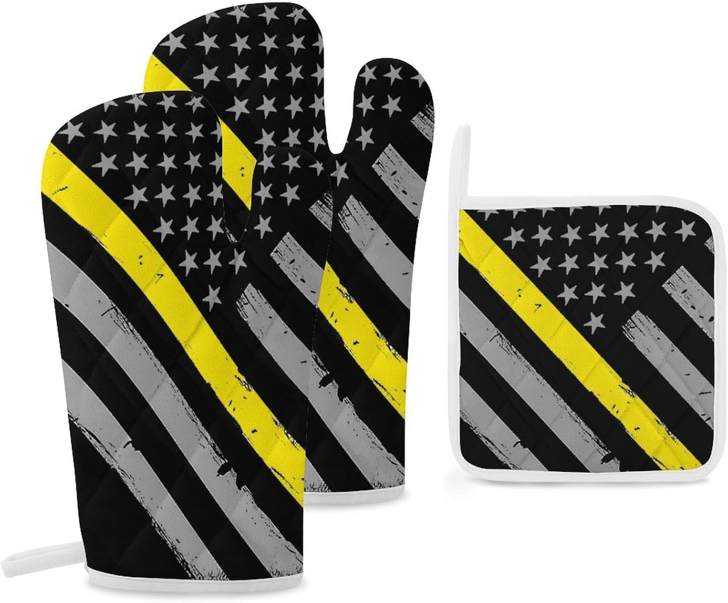 911 Dispatcher Thin Gold Line Flag Print Oven Mitts and Pot Holders 3 Piece Sets Heat Resistant Gloves Hot Pads Potholders for Kitchen Baking Cooking