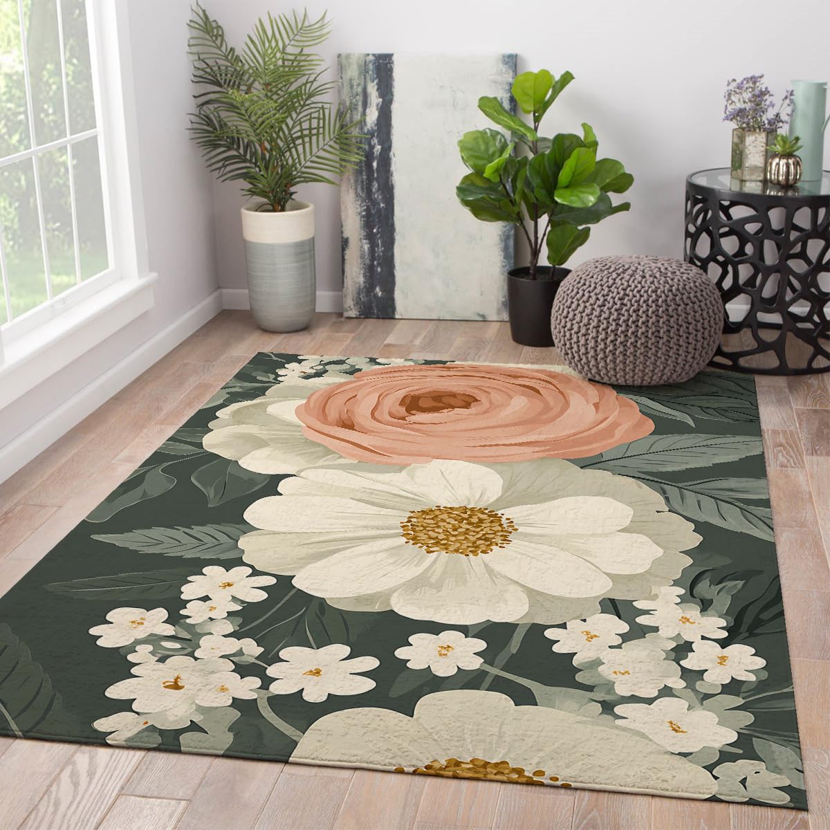 Tapis fleuri 100x150cm vintage pivoines lavable et antidérapant