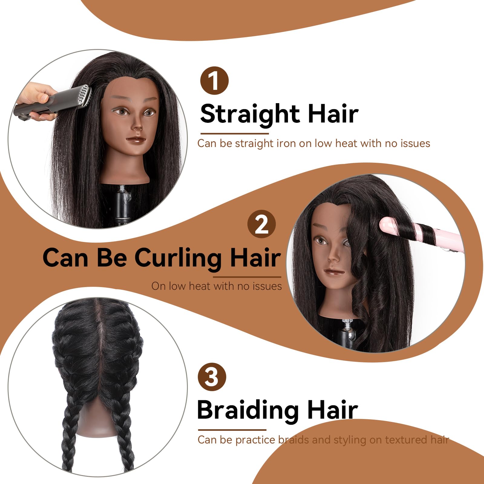 16 Inch Human Hair Mannequin Head for Braiding Practice Realistic Skin Tone Styling Training Head Cosmetology Students Salons Tangle-Free Reusable Hair Training Head
