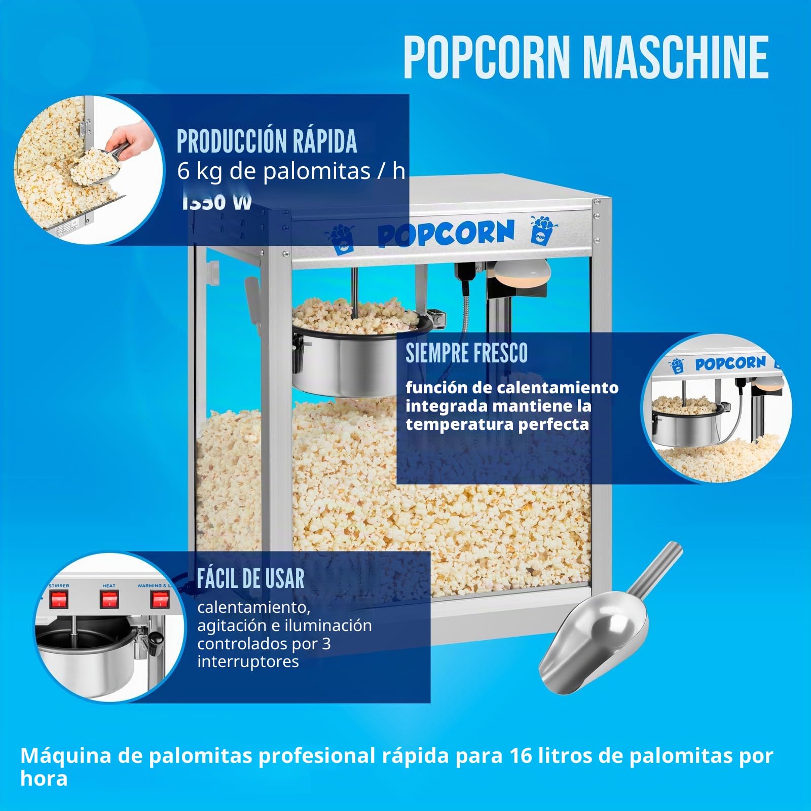 Royal Catering Palomitera Maquina de Palomitas (1350 W, aprox. 6 kg/h, Acero Inoxidable, Revestimiento antidherente) Profesional