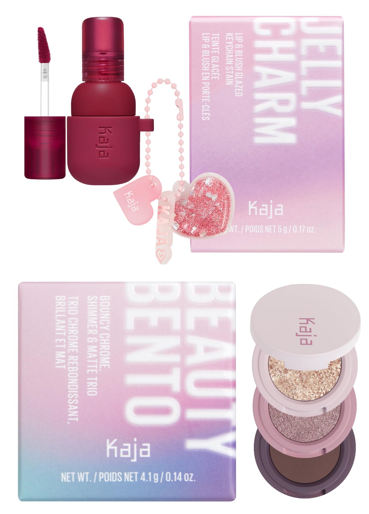 Kaja Lip & Blush Glazed Keychain Stain - Jelly Charm 01 Cherry Spritz + Eye Bento Collection - Bouncy Eyeshadow Trio 17 Mauve Bouquet Bundle
